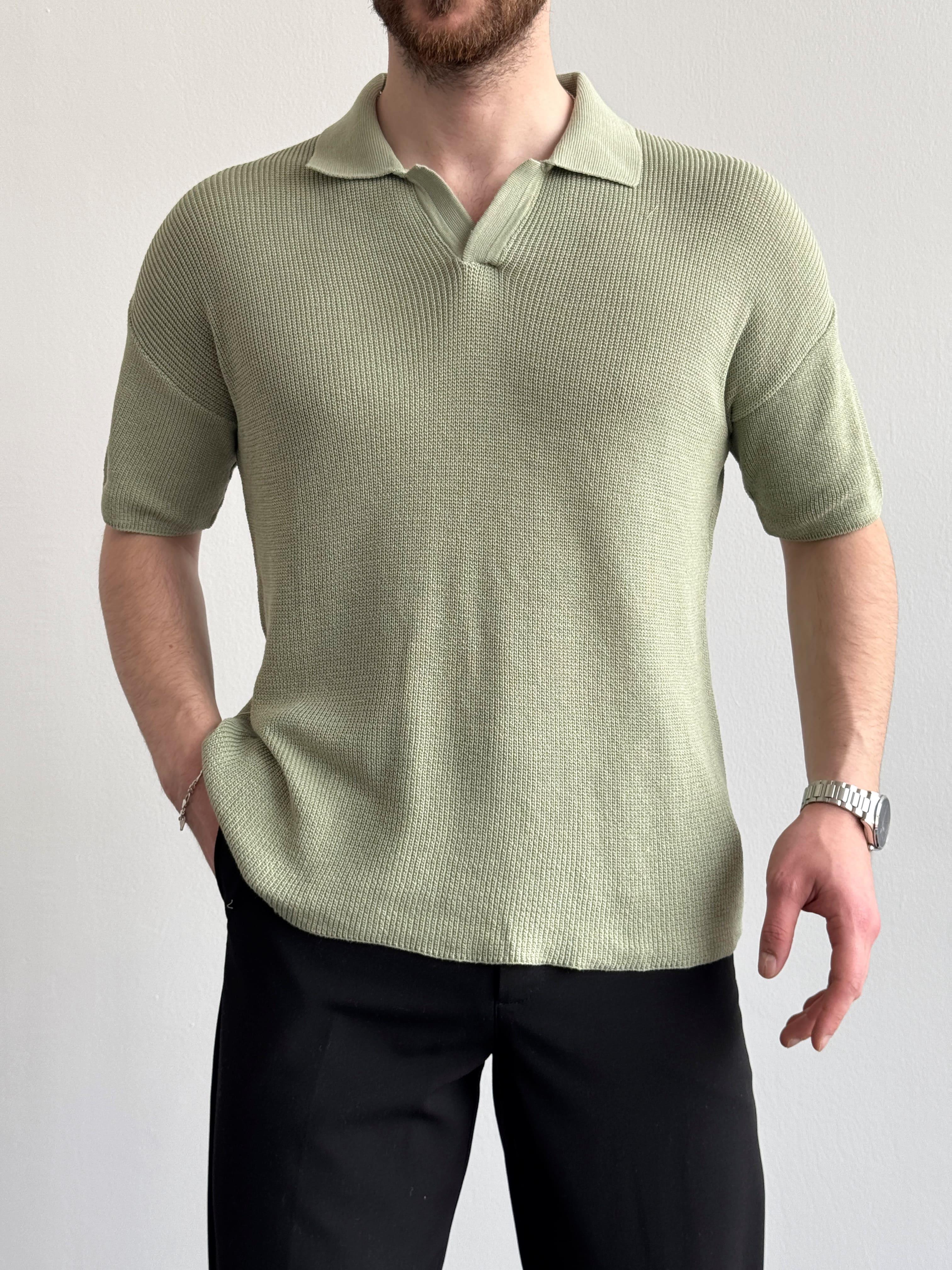 Erkek Premium Kalite Polo Yaka Oversize Kalıp Triko T-Shirt-Mint(E1357)Ketench