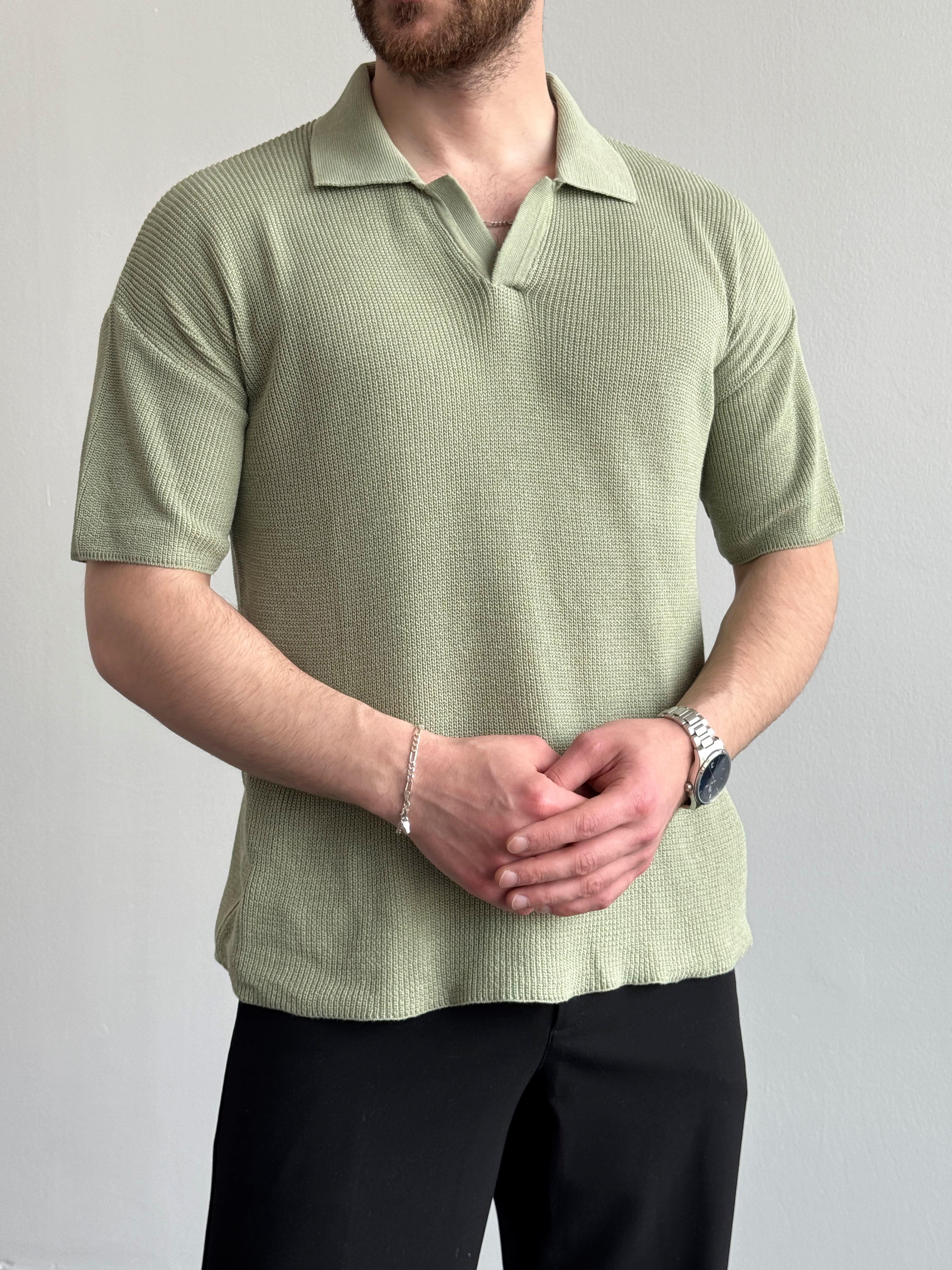 Erkek Premium Kalite Polo Yaka Oversize Kalıp Triko T-Shirt-Mint(E1357)