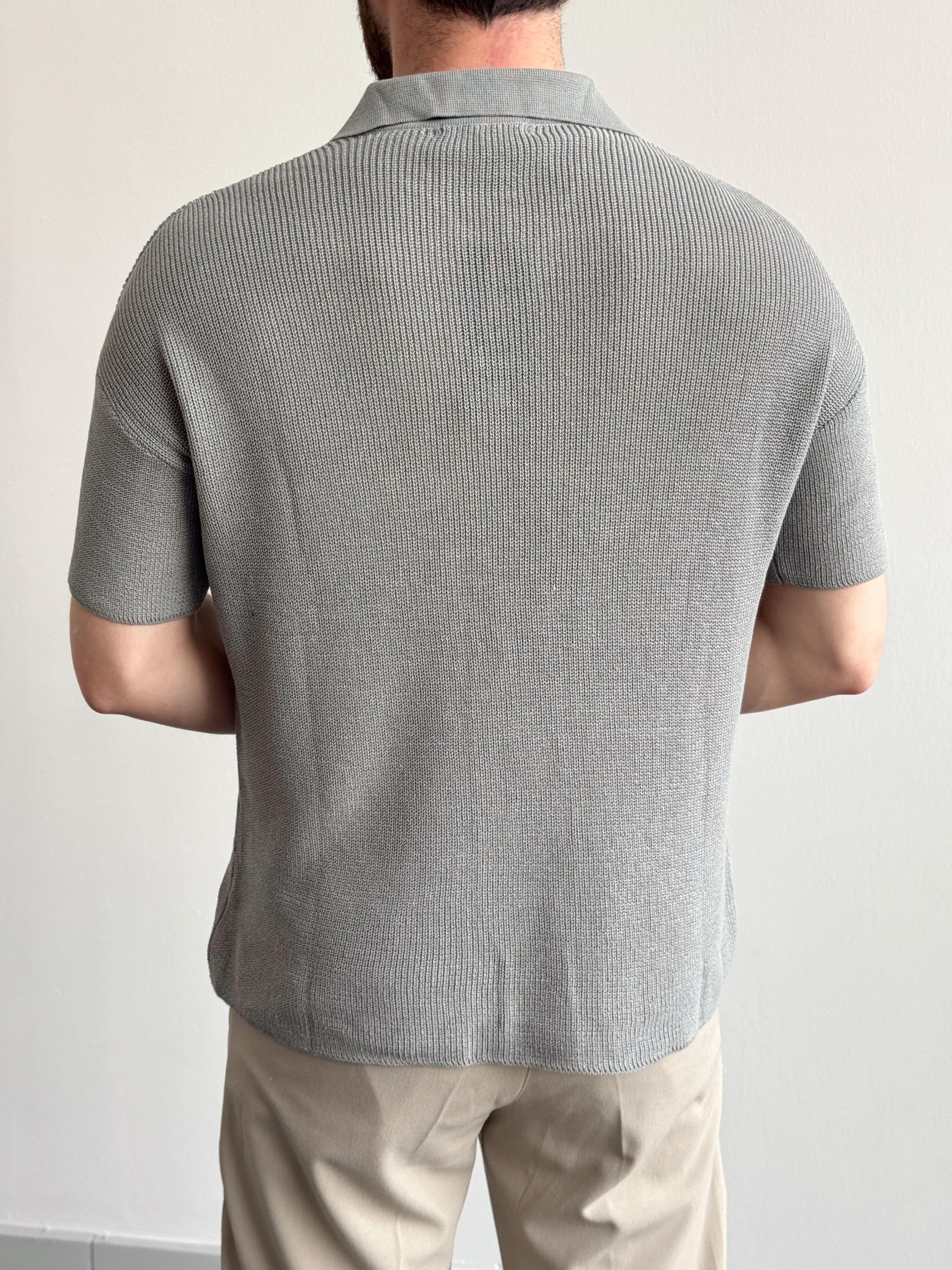 Erkek Premium Kalite Polo Yaka Oversize Kalıp Triko T-Shirt-Gri(E1357)