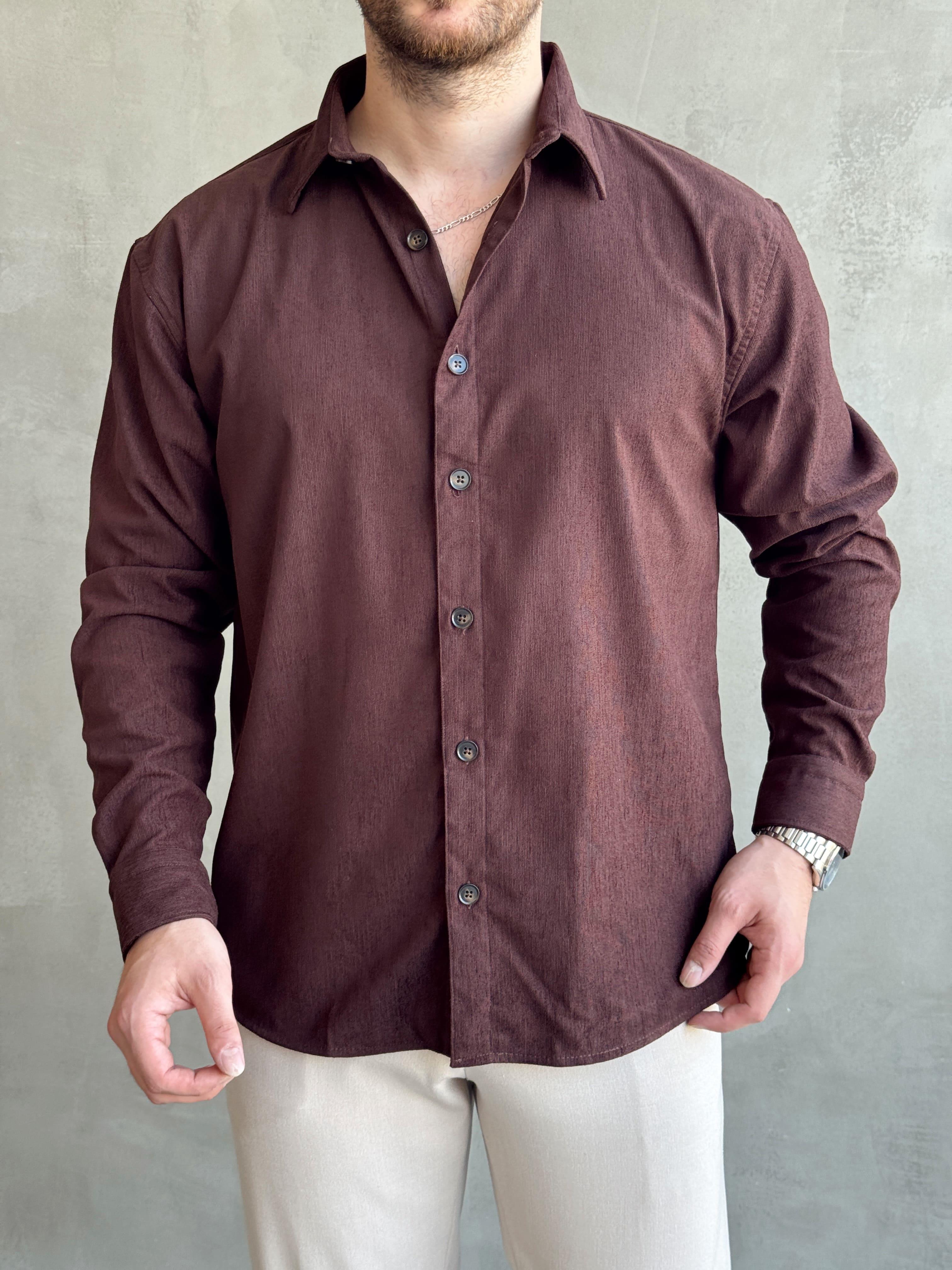 Erkek Premium Kalite Regular Fit İnce Fitilli Kadife Gömlek-Kahverengi(E1485)Ketench