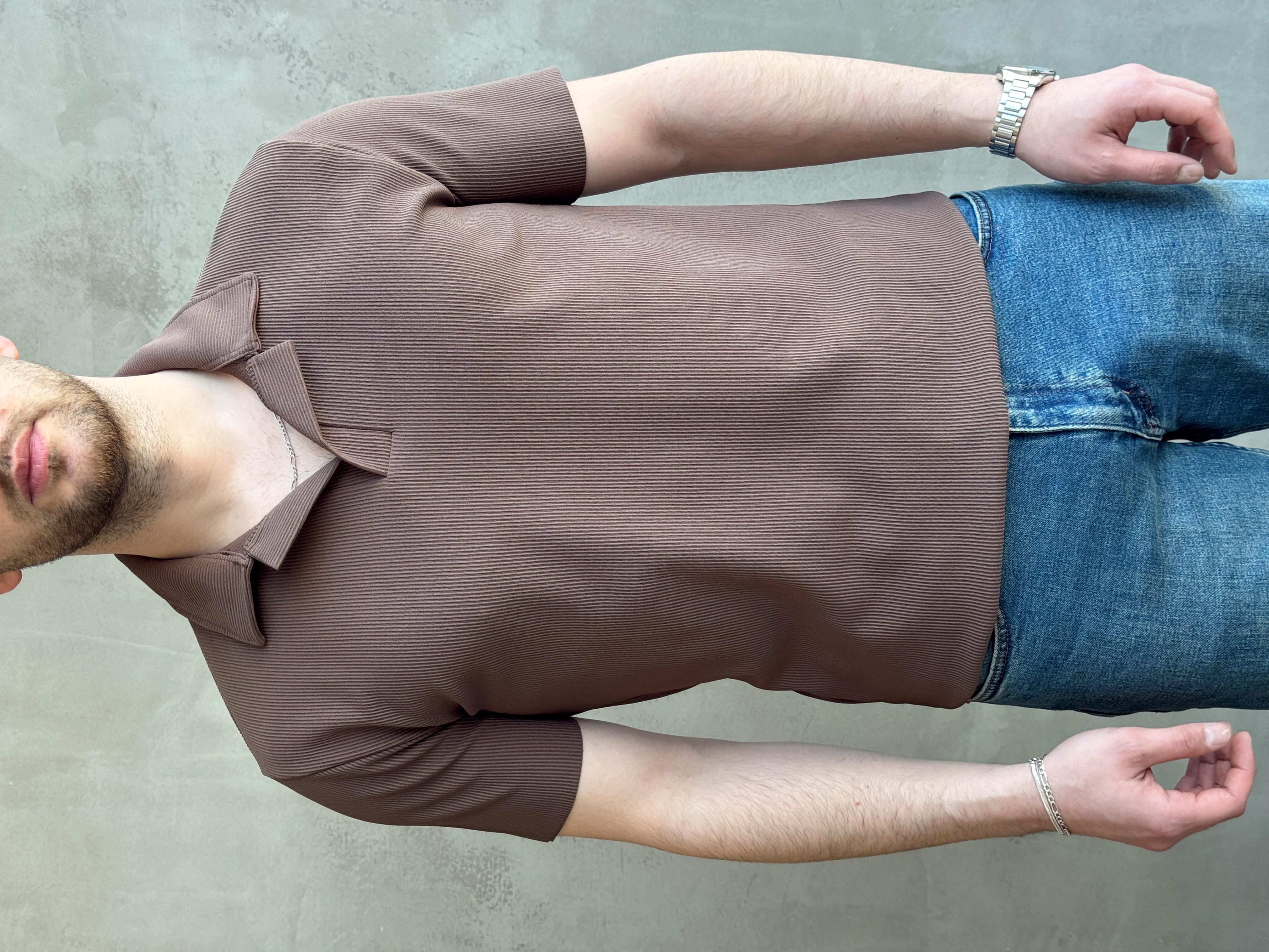 Erkek Premium Kalite Regular Kalıp Pis Kesim Detay Fitilli Polo Yaka T-Shirt-Kahverengi(E1683)