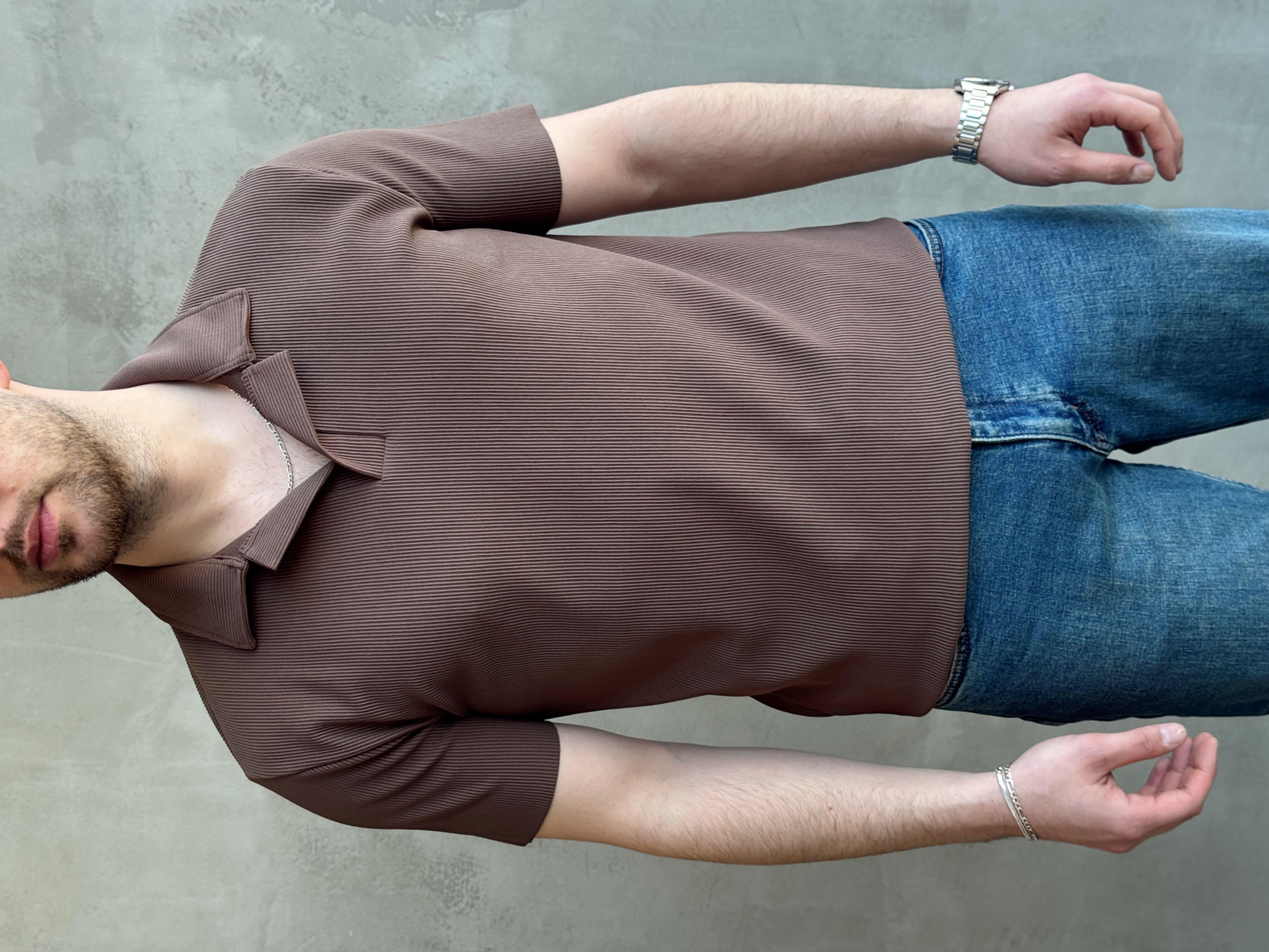 Erkek Premium Kalite Regular Kalıp Pis Kesim Detay Fitilli Polo Yaka T-Shirt-Kahverengi(E1683)