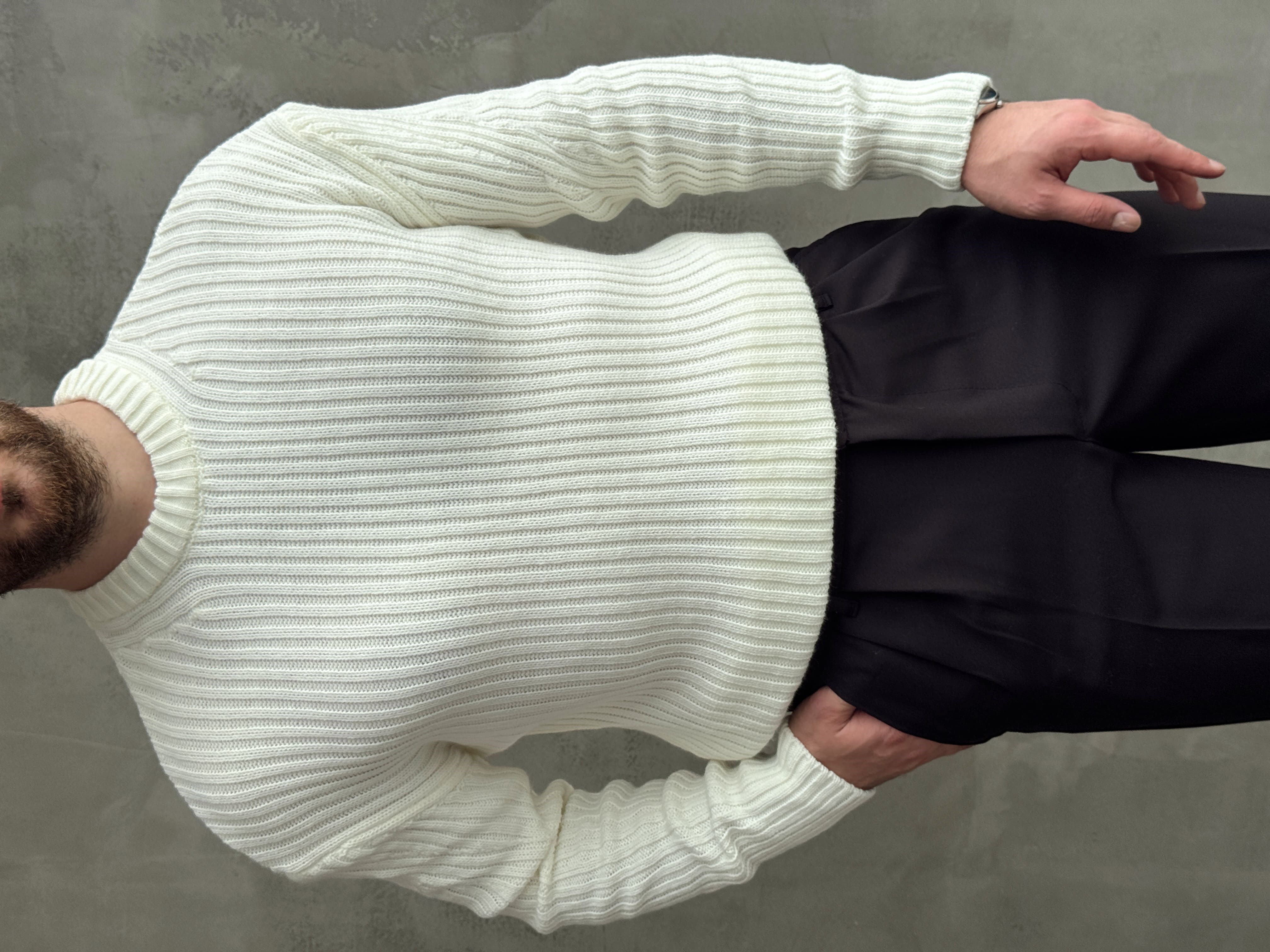 Erkek Premium Kalite Selanik Örgüsü Bisiklet Yaka Oversize Triko Kazak-Ekru(E1201)