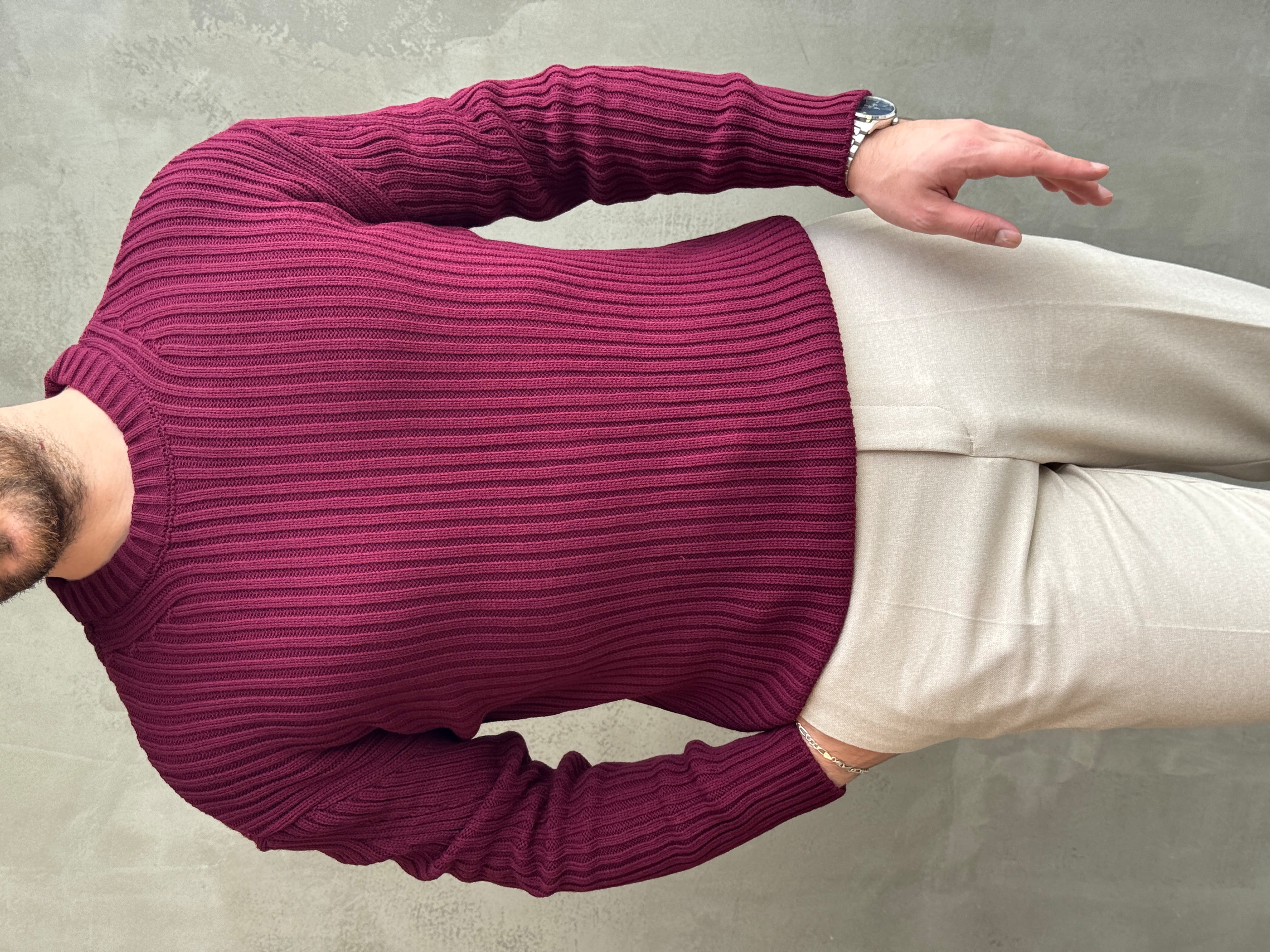 Erkek Premium Kalite Selanik Örgüsü Bisiklet Yaka Oversize Triko Kazak-Bordo(E1201)