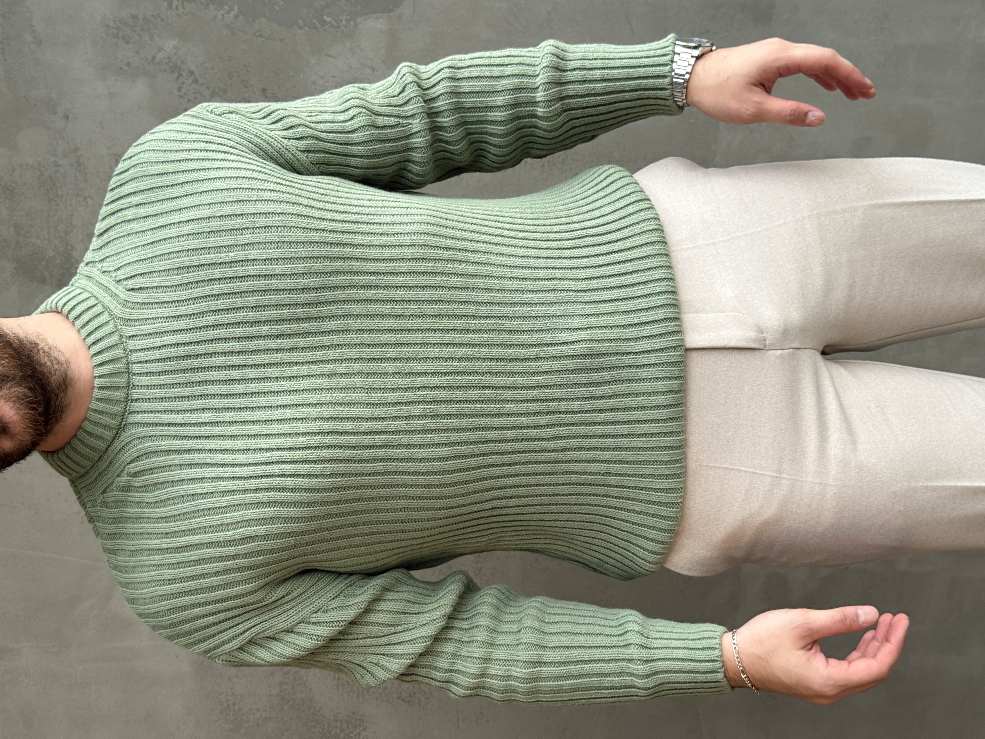 Erkek Premium Kalite Selanik Örgüsü Bisiklet Yaka Oversize Triko Kazak-Mint(E1201)