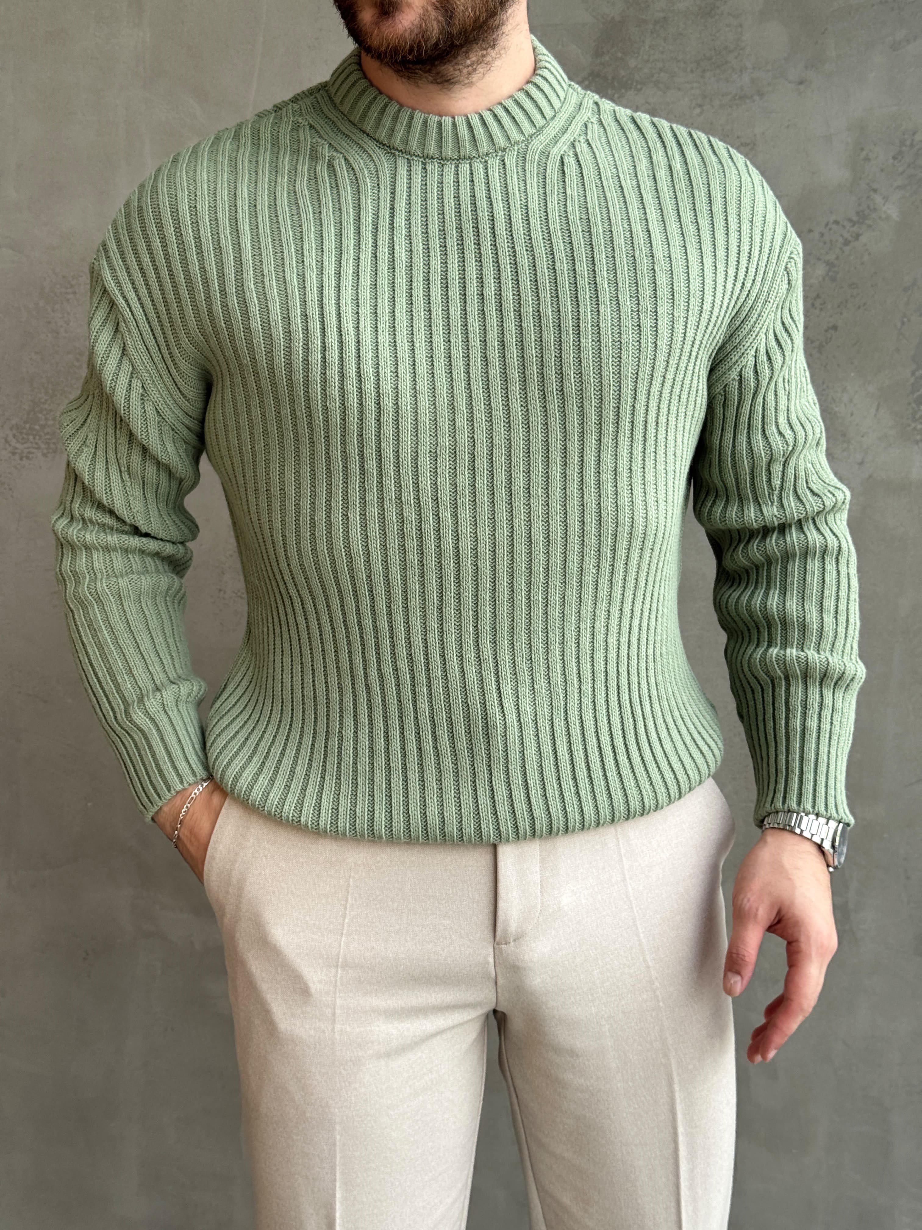 Erkek Premium Kalite Selanik Örgüsü Bisiklet Yaka Oversize Triko Kazak-Mint(E1201)