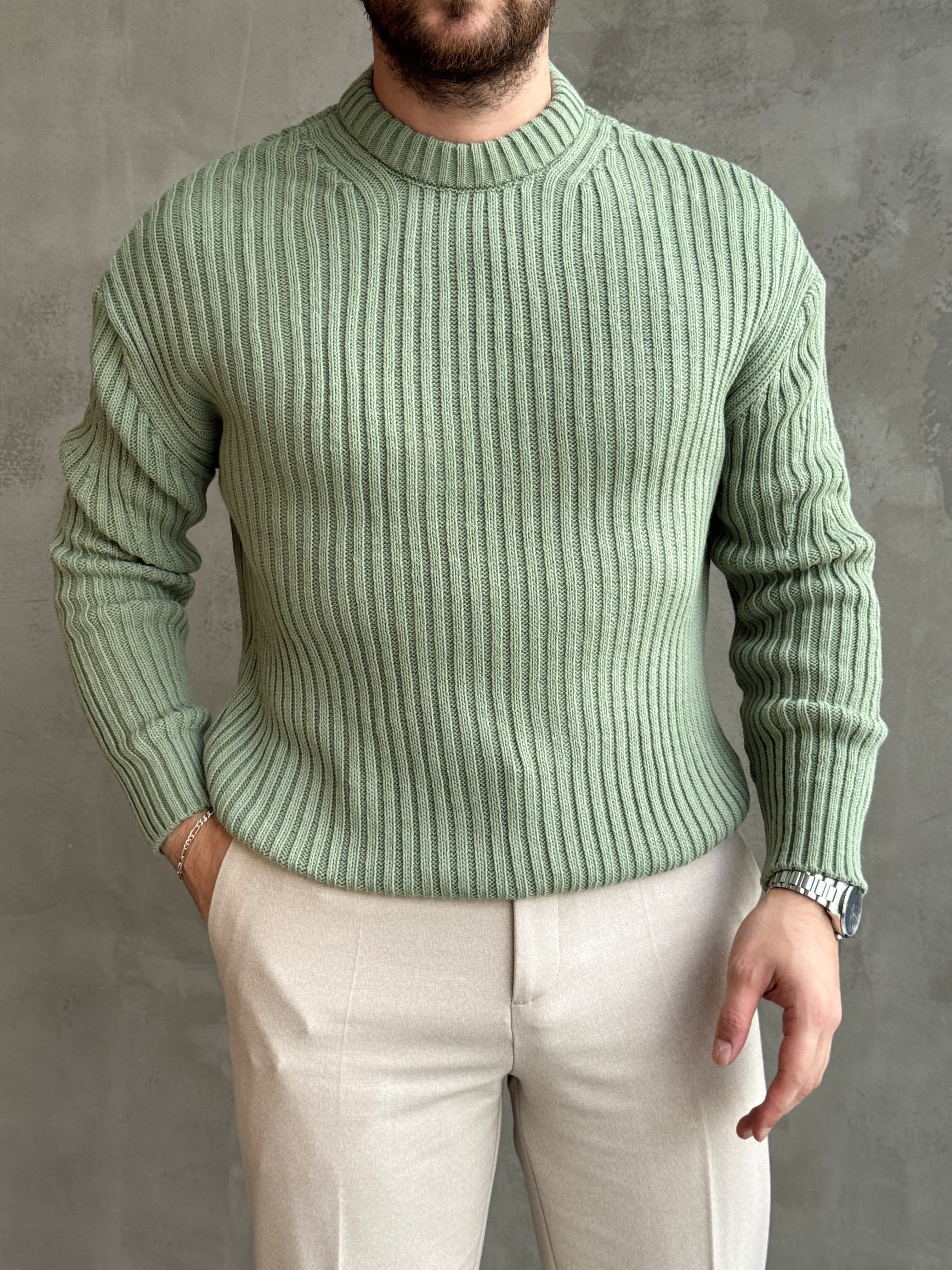 Erkek Premium Kalite Selanik Örgüsü Bisiklet Yaka Oversize Triko Kazak-Mint(E1201)