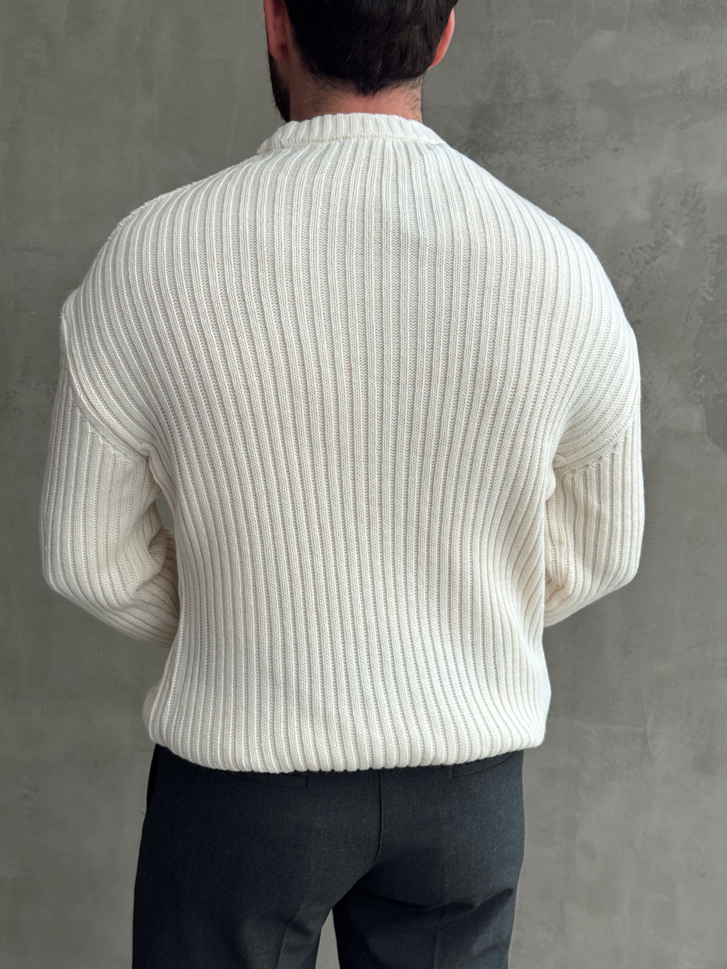 Erkek Premium Kalite Selanik Örgüsü Bisiklet Yaka Oversize Triko Kazak-Krem(E1201)