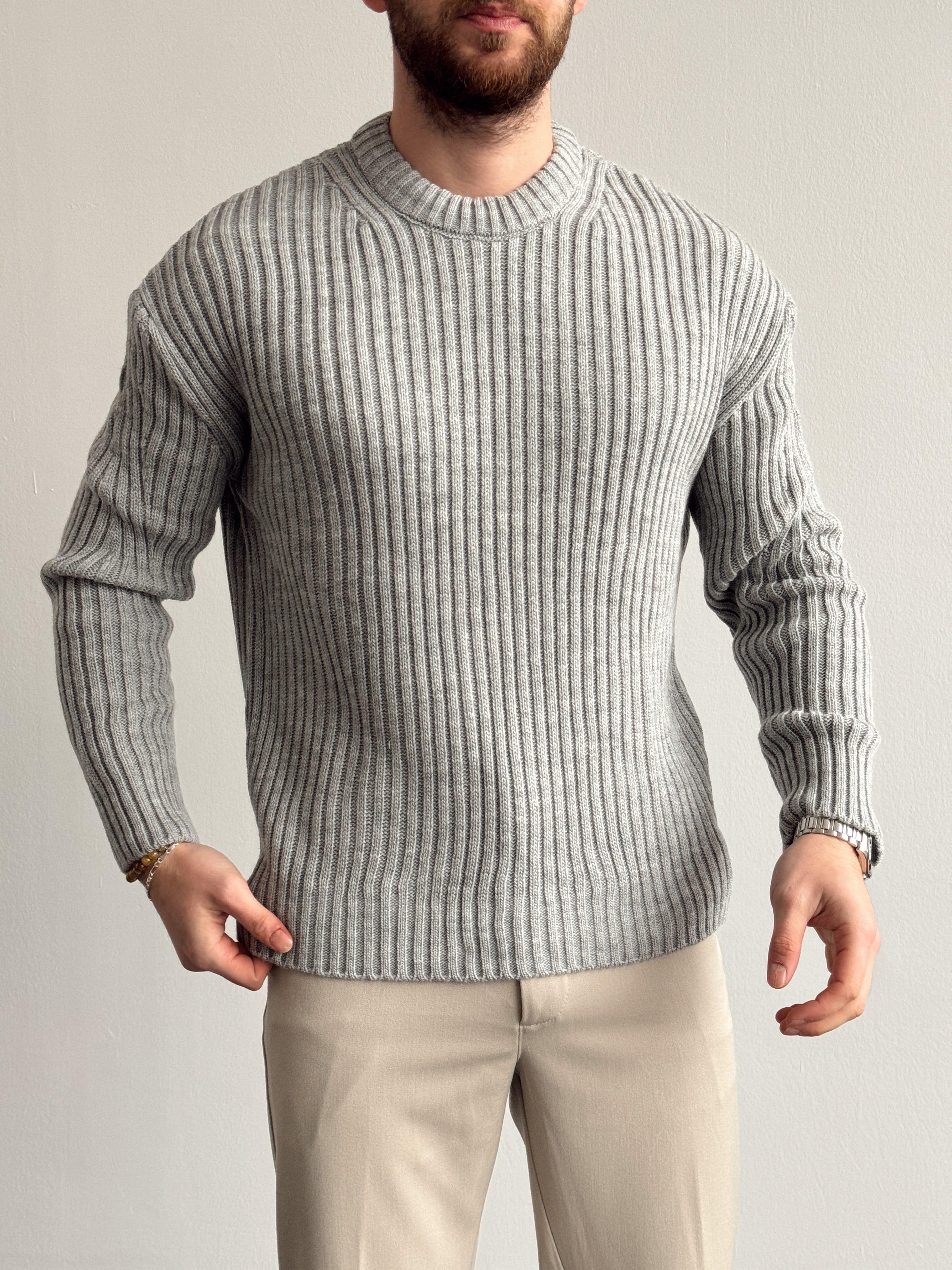 Erkek Premium Kalite Selanik Örgüsü Bisiklet Yaka Oversize Triko Kazak-Gri(E1201)