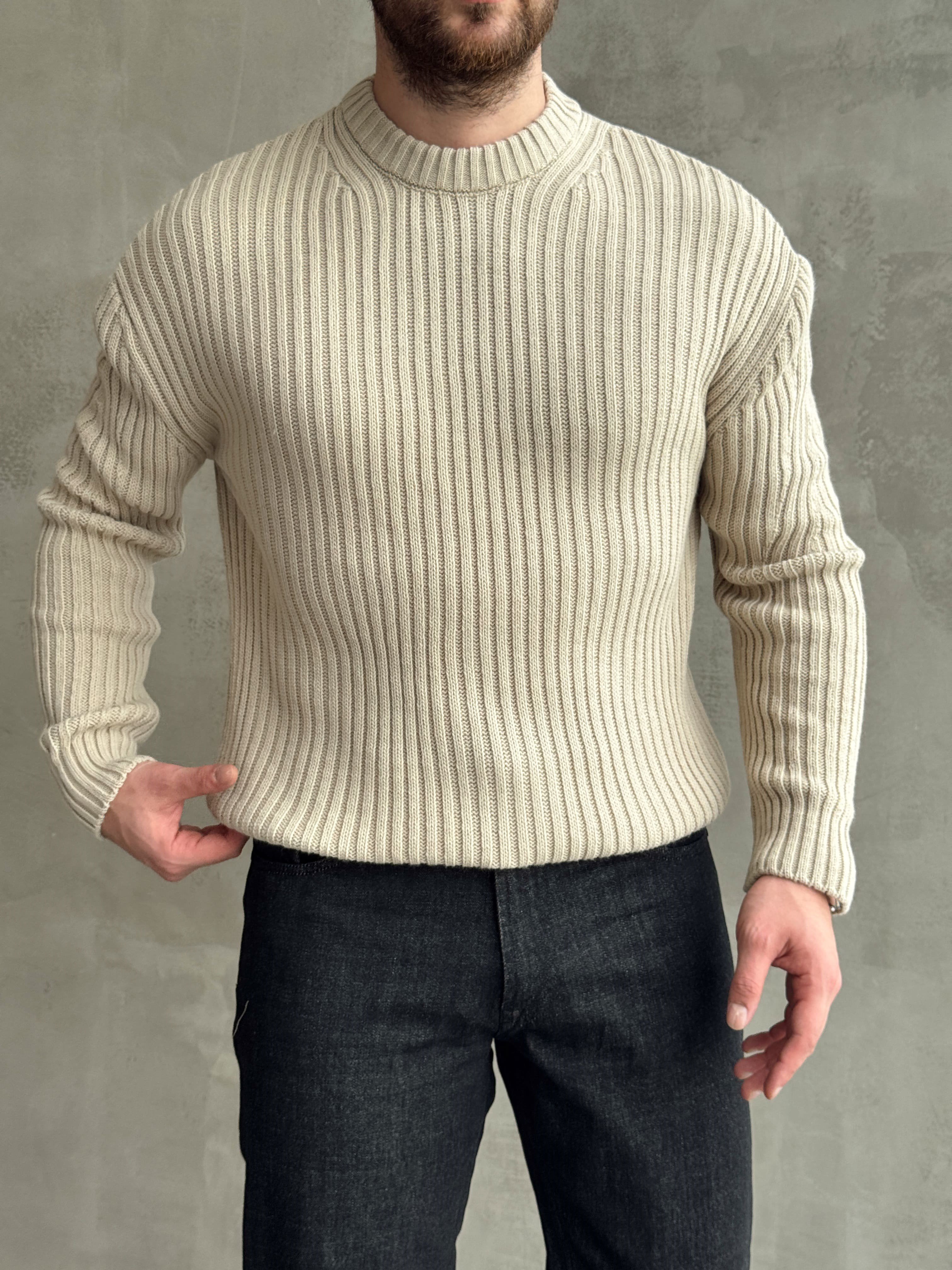 Erkek Premium Kalite Selanik Örgüsü Bisiklet Yaka Oversize Triko Kazak-Taş(E1201)