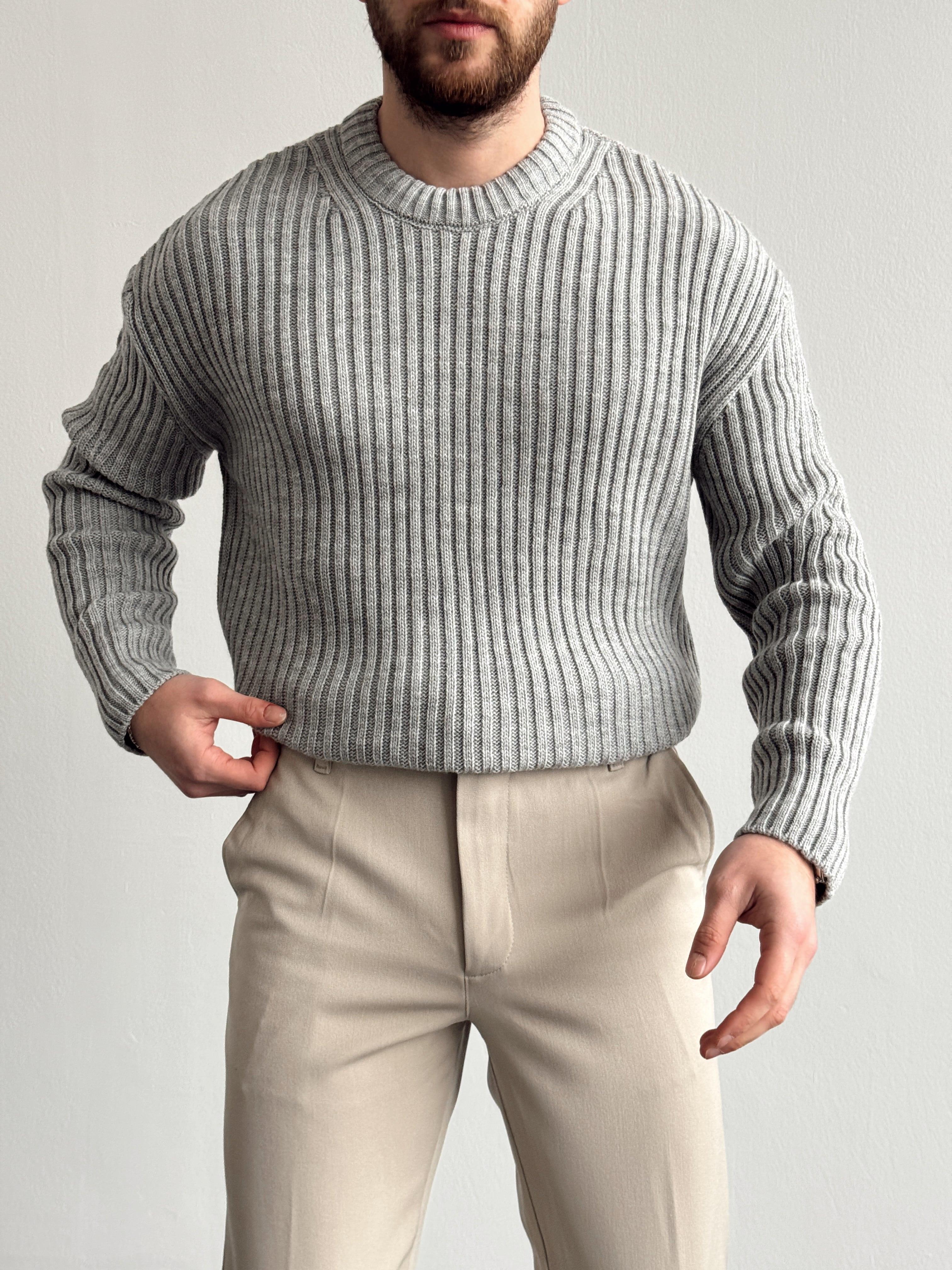 Erkek Premium Kalite Selanik Örgüsü Bisiklet Yaka Oversize Triko Kazak-Gri(E1201)