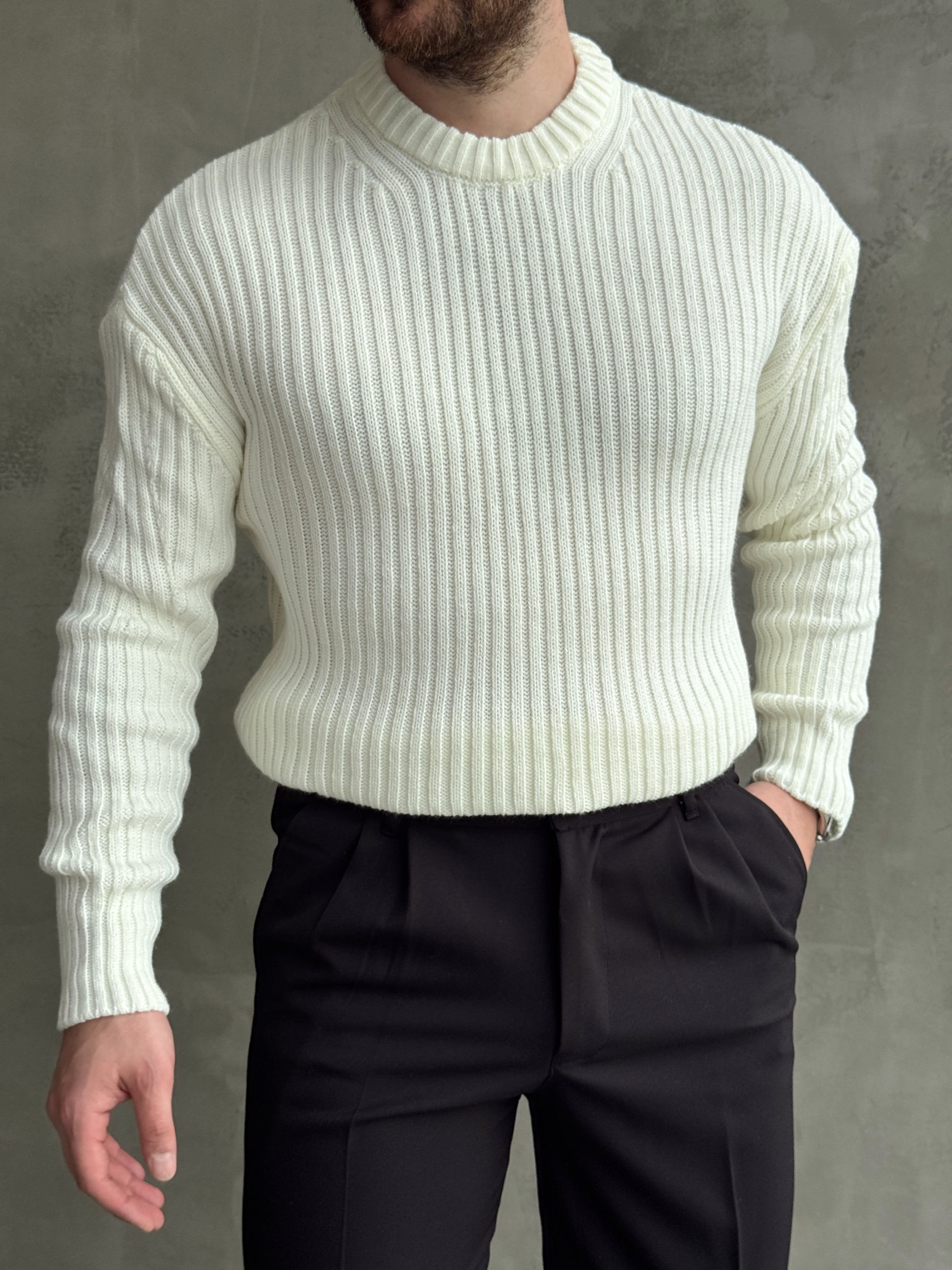 Erkek Premium Kalite Selanik Örgüsü Bisiklet Yaka Oversize Triko Kazak-Ekru(E1201)
