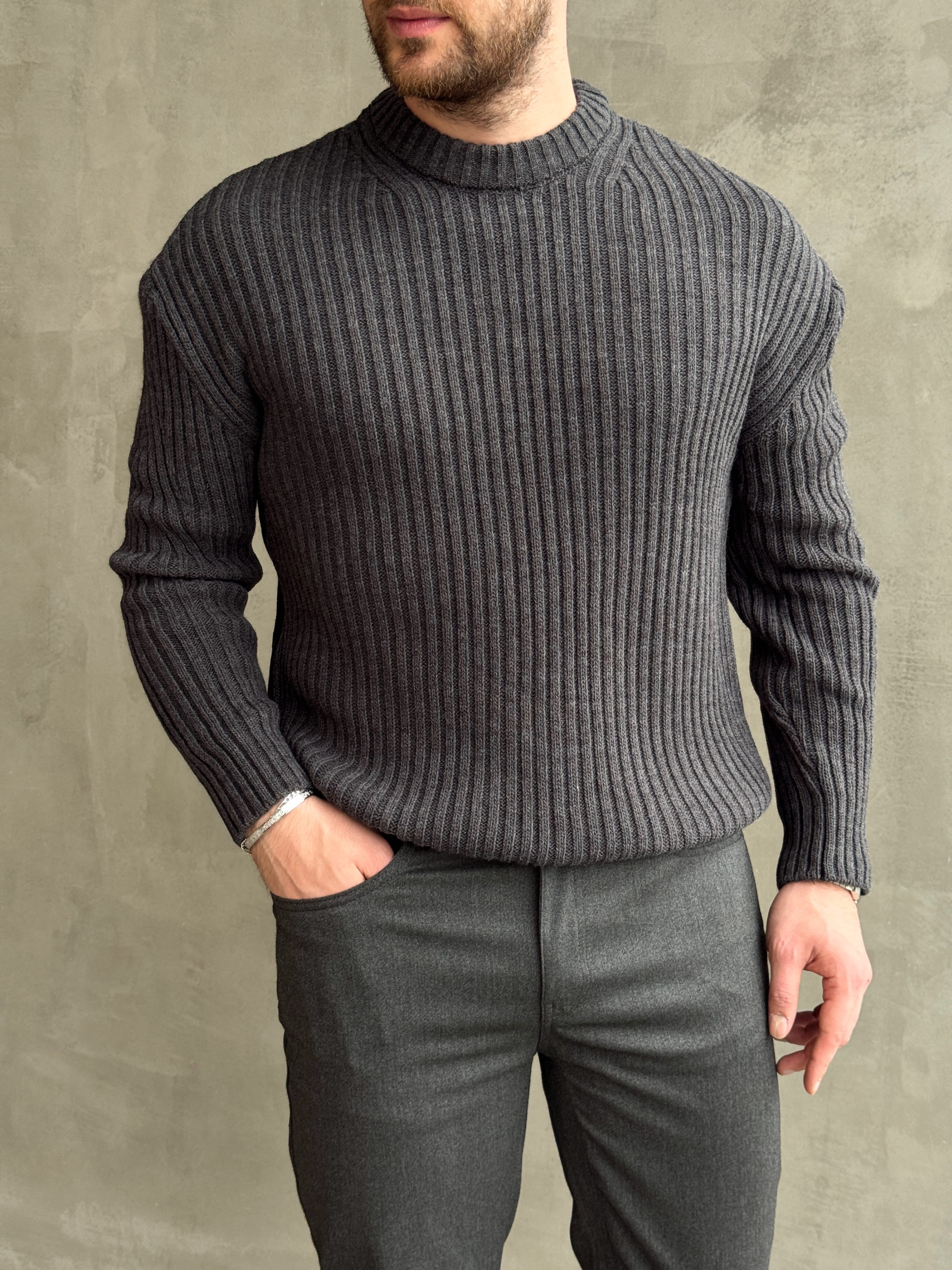 Erkek Premium Kalite Selanik Örgüsü Bisiklet Yaka Oversize Triko Kazak-Füme(E1201)