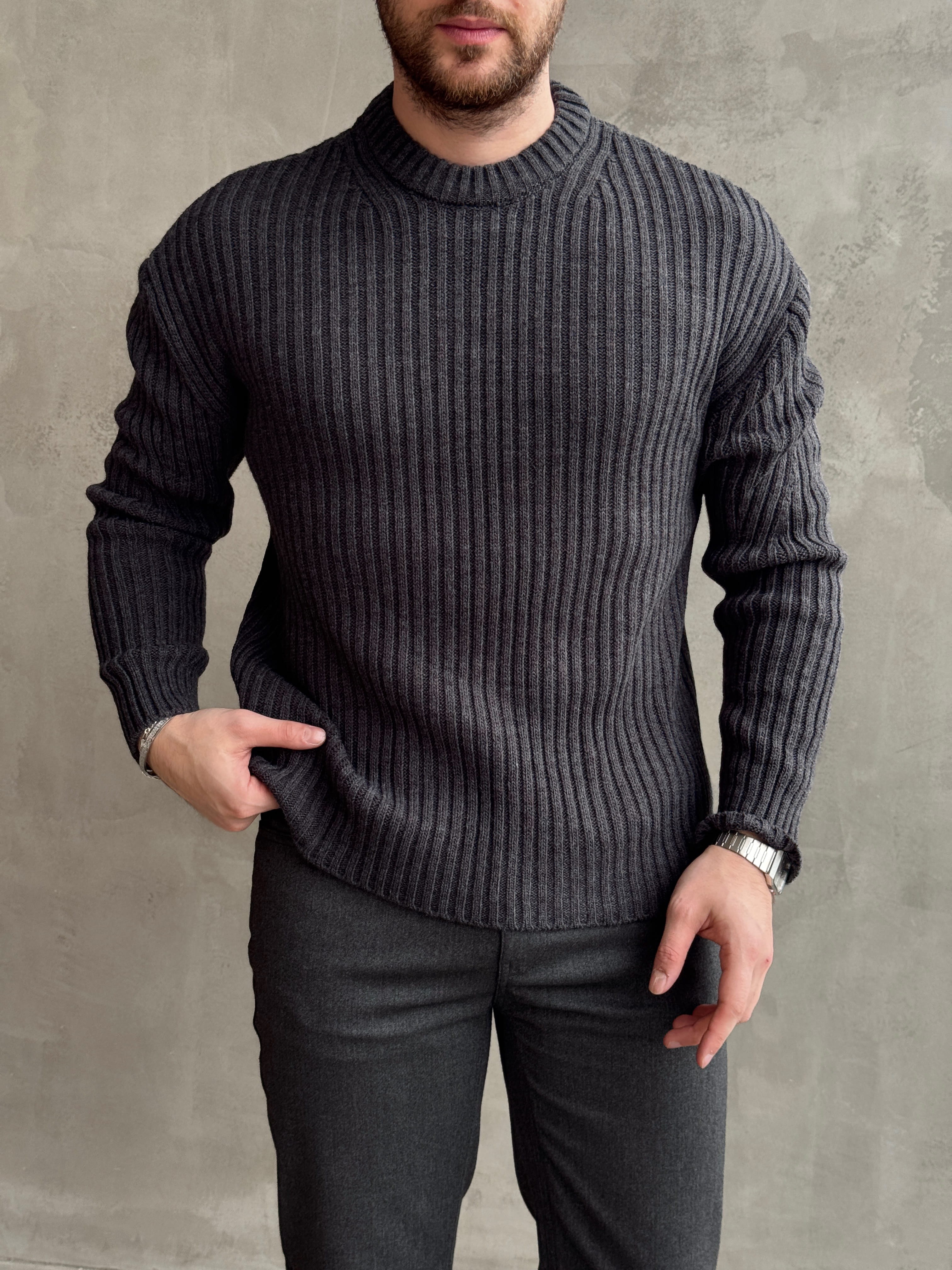 Erkek Premium Kalite Selanik Örgüsü Bisiklet Yaka Oversize Triko Kazak-Füme(E1201)