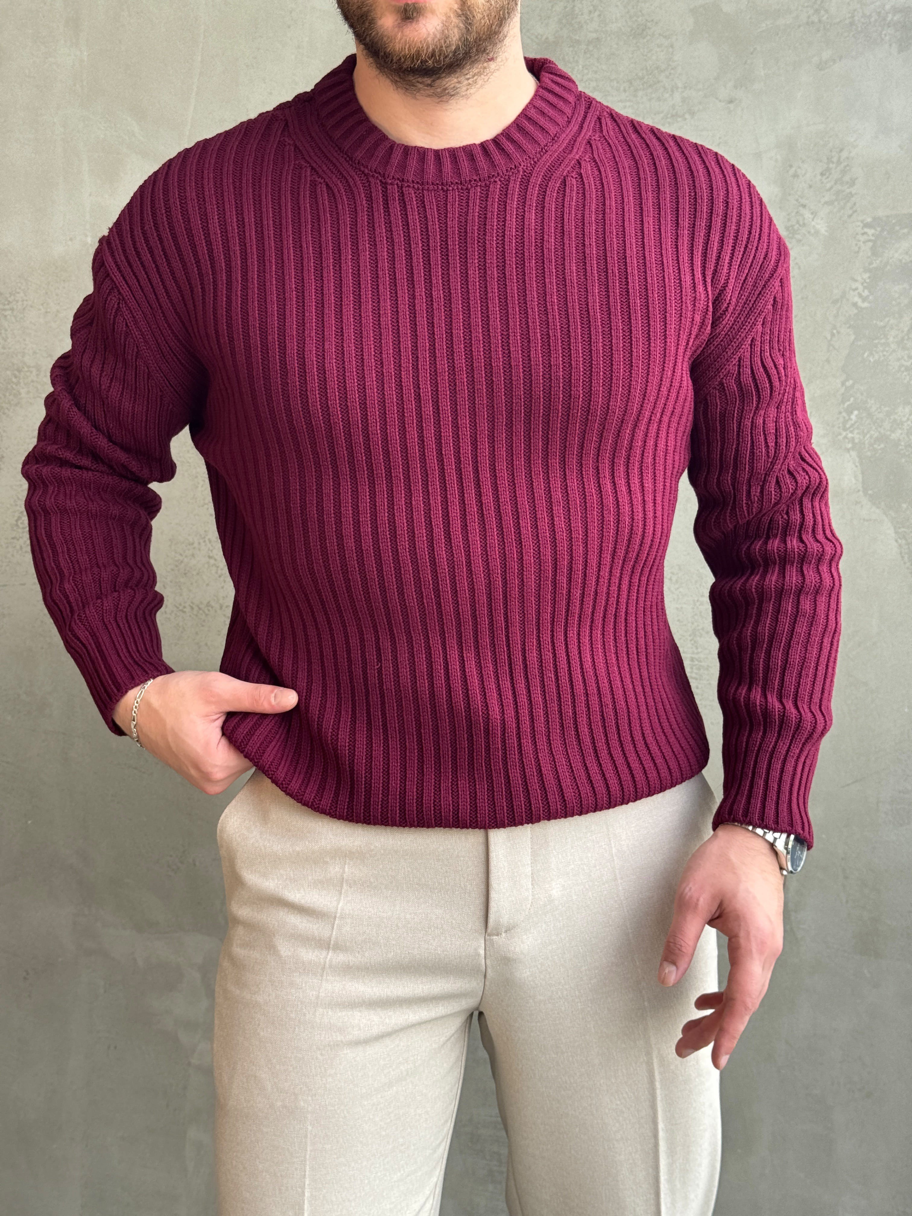 Erkek Premium Kalite Selanik Örgüsü Bisiklet Yaka Oversize Triko Kazak-Bordo(E1201)
