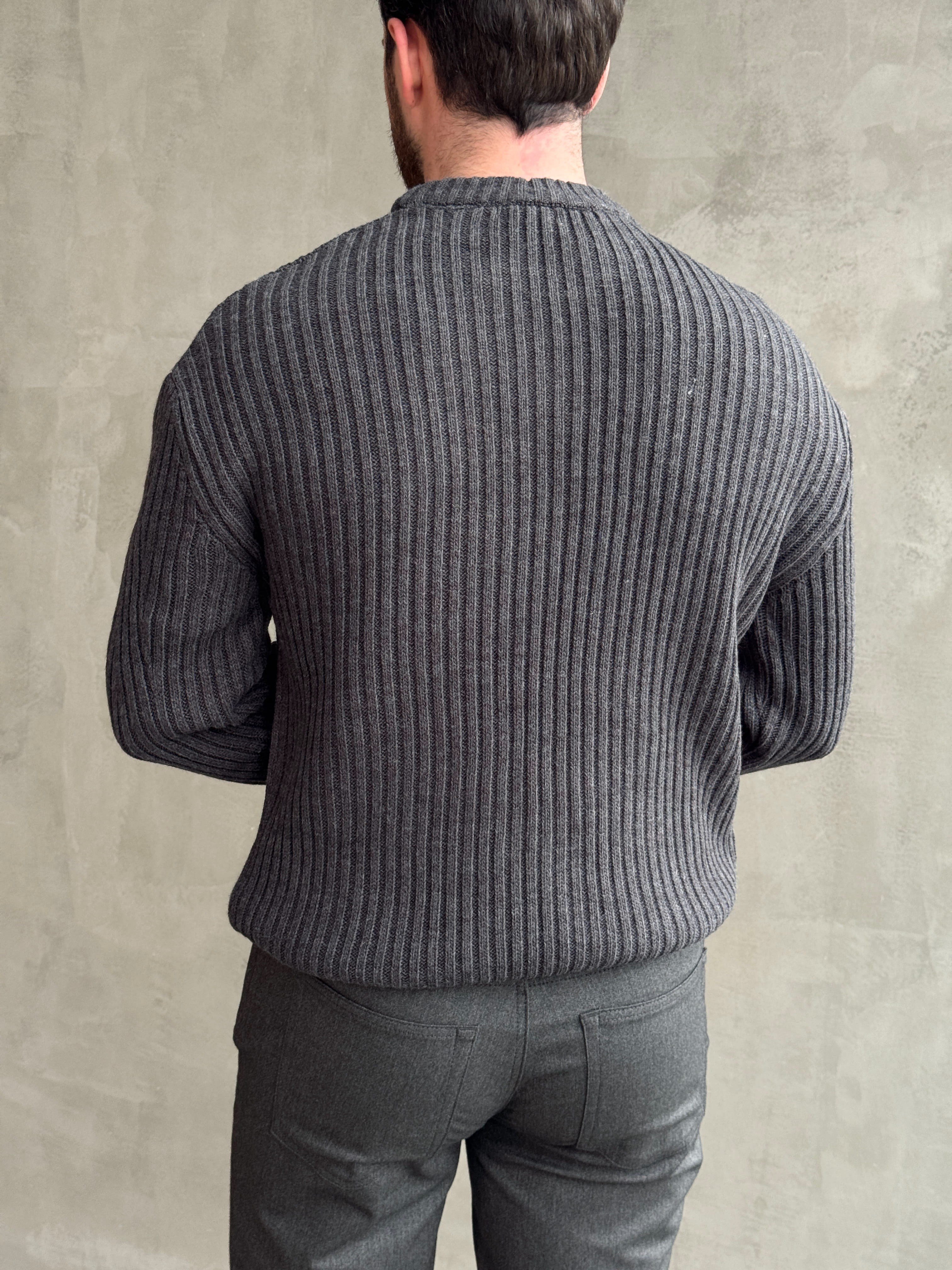 Erkek Premium Kalite Selanik Örgüsü Bisiklet Yaka Oversize Triko Kazak-Füme(E1201)