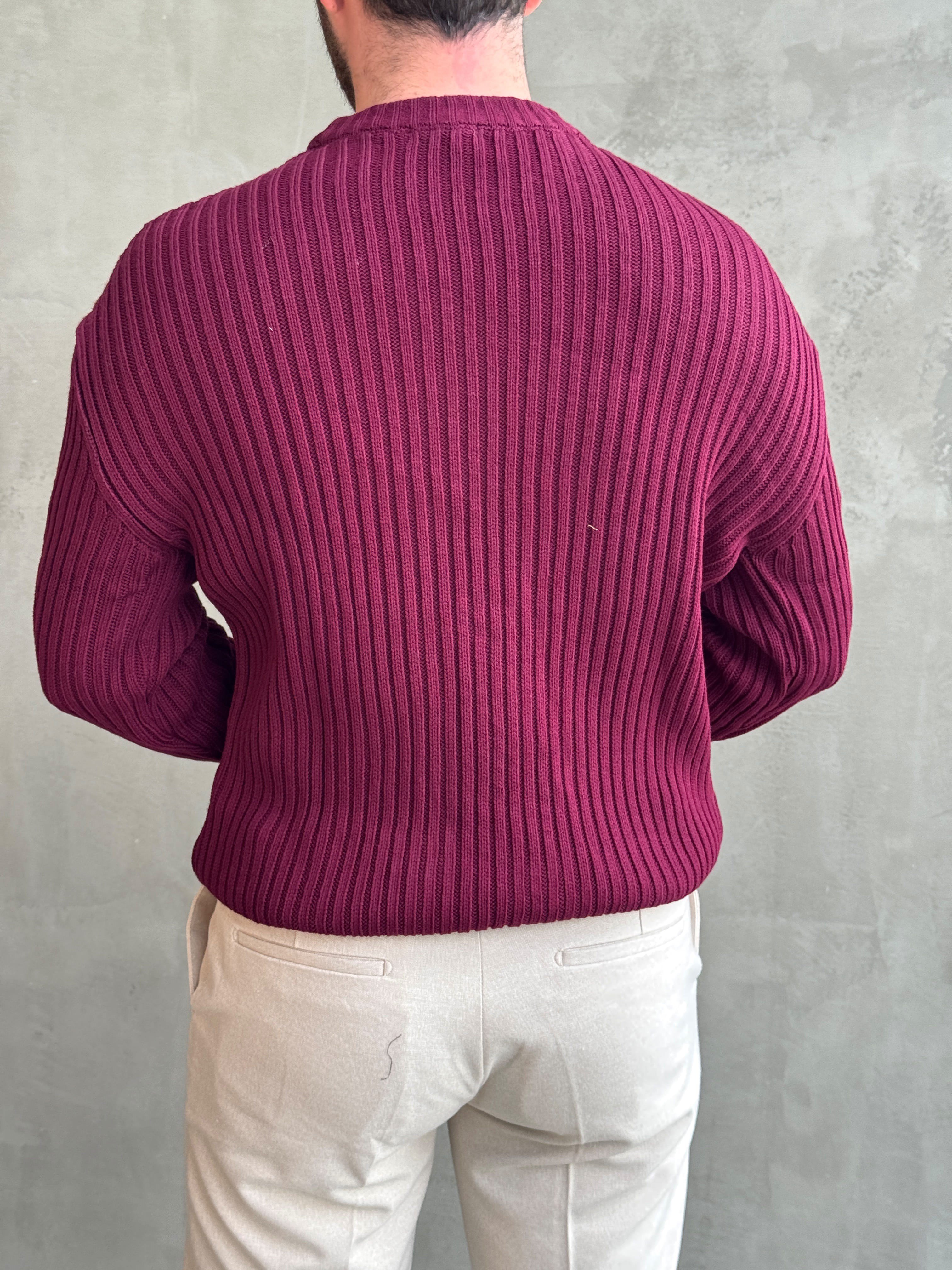 Erkek Premium Kalite Selanik Örgüsü Bisiklet Yaka Oversize Triko Kazak-Bordo(E1201)
