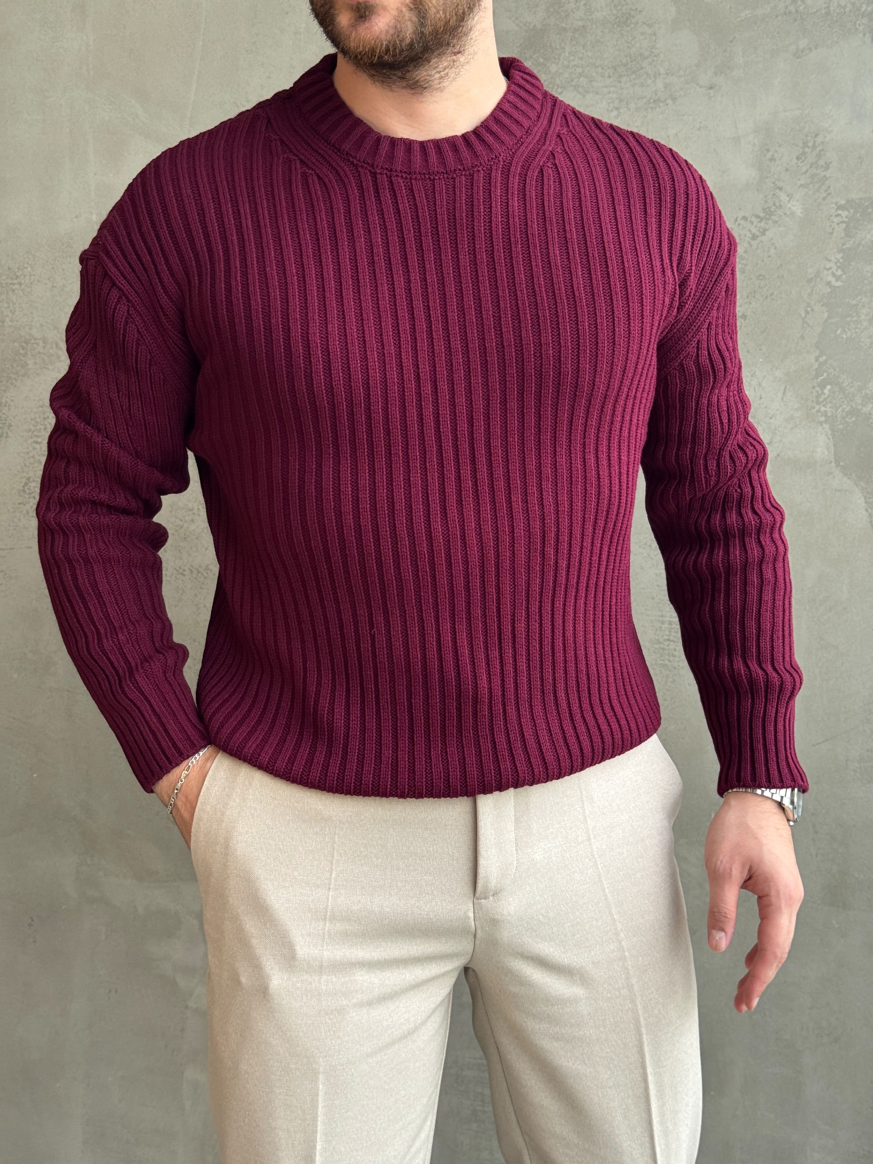 Erkek Premium Kalite Selanik Örgüsü Bisiklet Yaka Oversize Triko Kazak-Bordo(E1201)