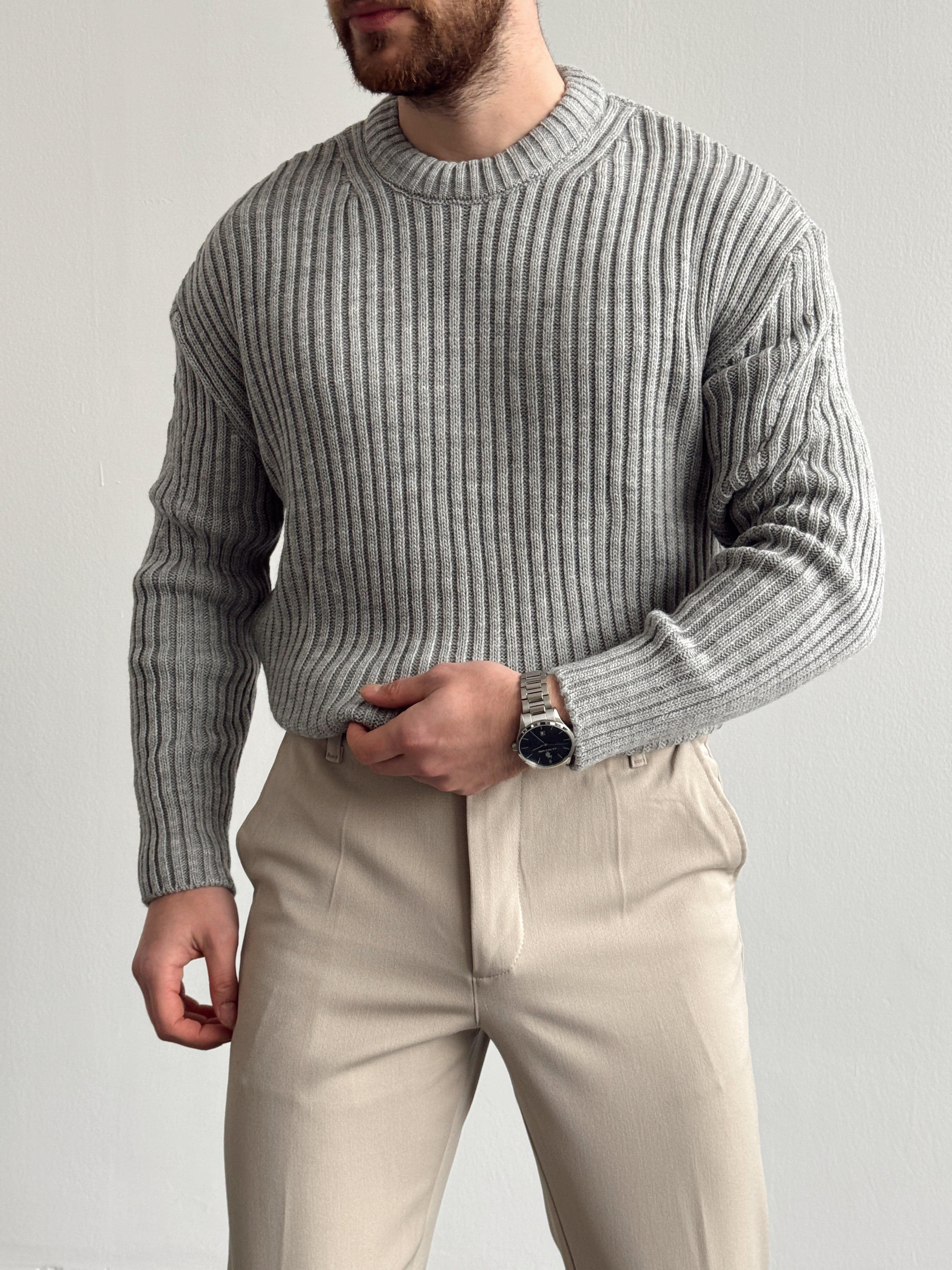 Erkek Premium Kalite Selanik Örgüsü Bisiklet Yaka Oversize Triko Kazak-Gri(E1201)
