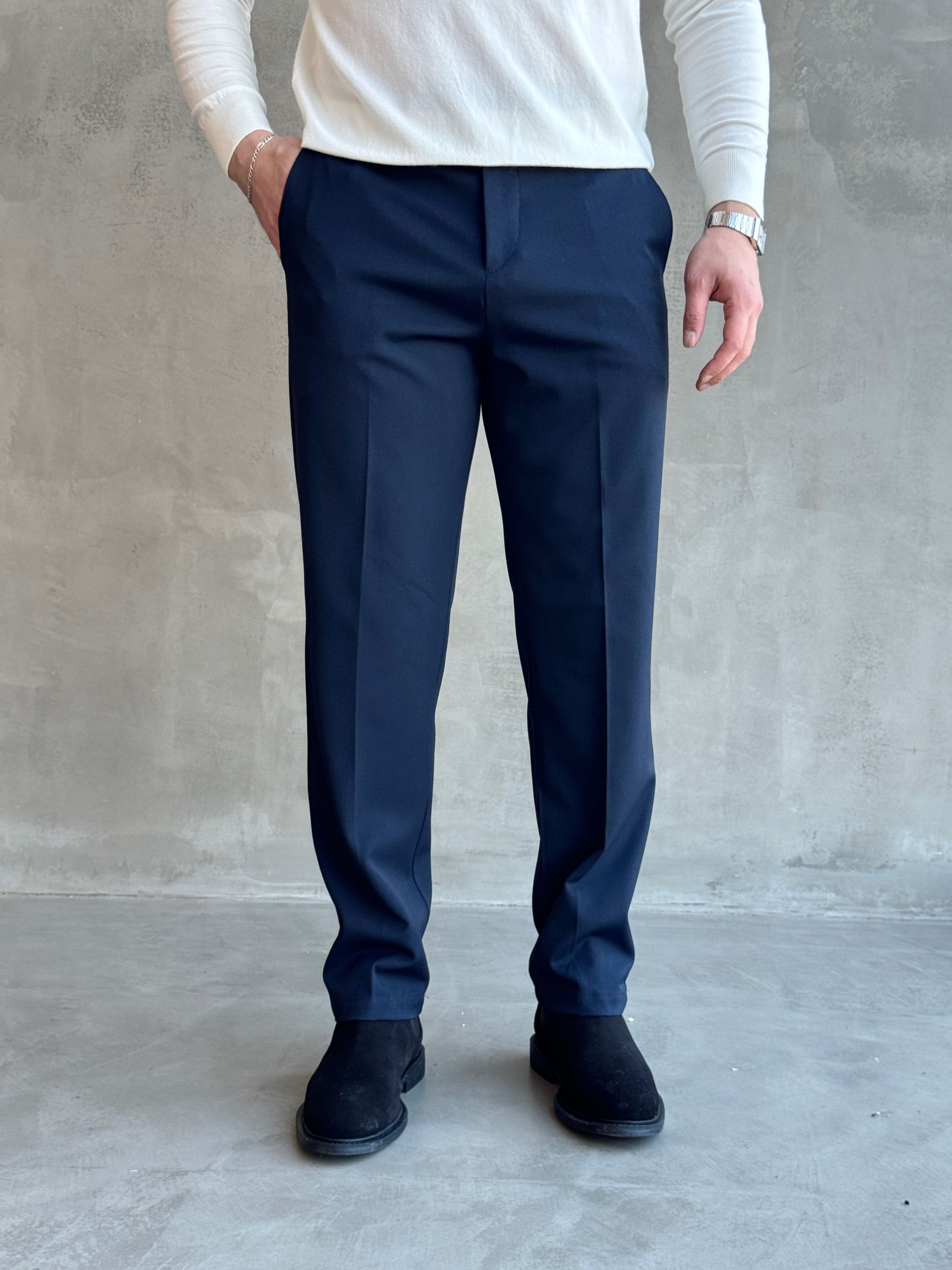 Erkek Premium Yüksek Kalite Beli Ekstra Lastikli Düğme ve Kopça Detaylı Regular Kalıp Kışlık Gabardin Kumaş Pantolon-Lacivert(E1869)