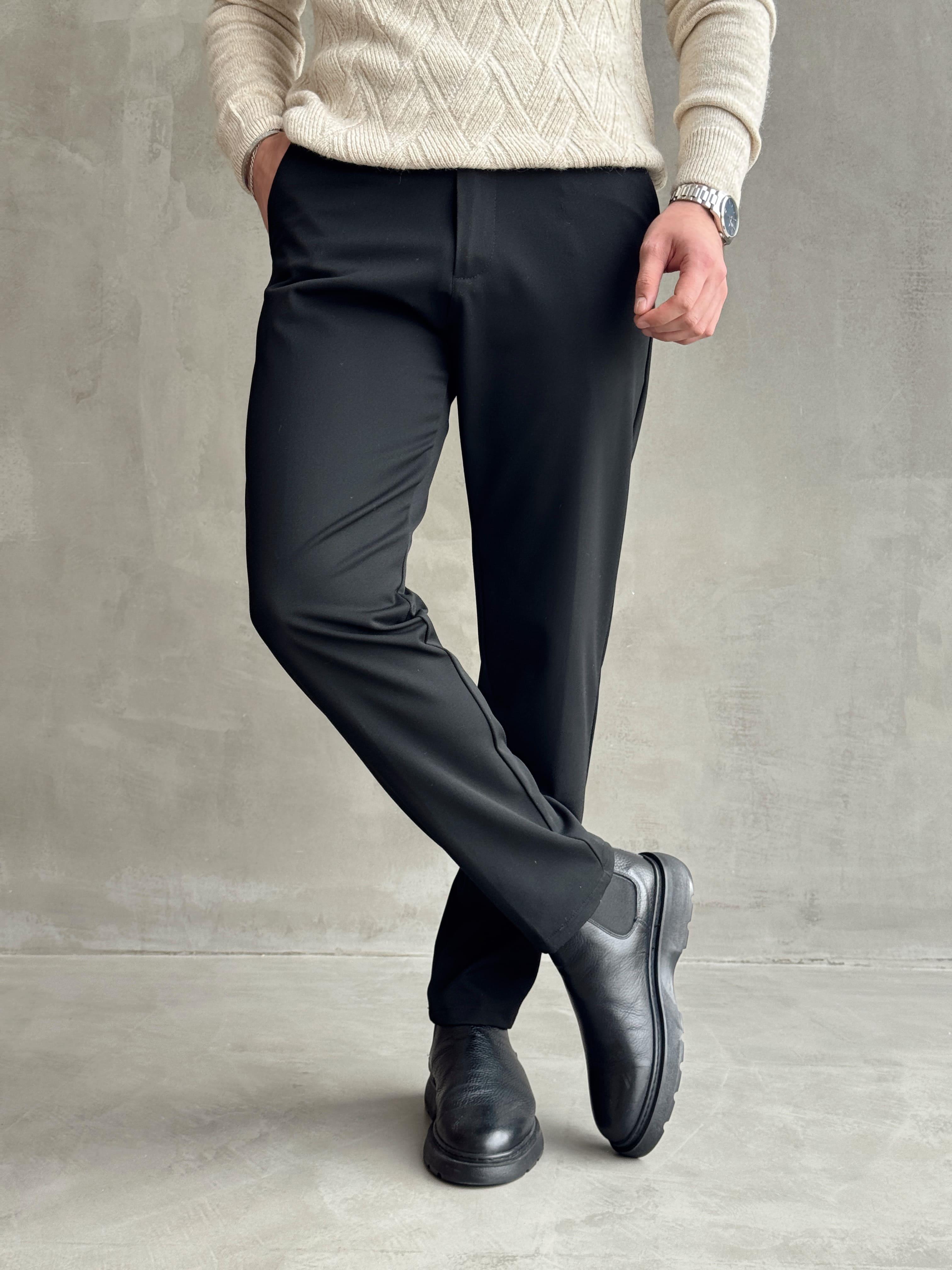 Erkek Premium Yüksek Kalite Beli Lastikli Düğme Ve Kopça Detaylı Regular Kalıp Kışlık Gabardin Kumaş Pantolon-Siyah(E1521)