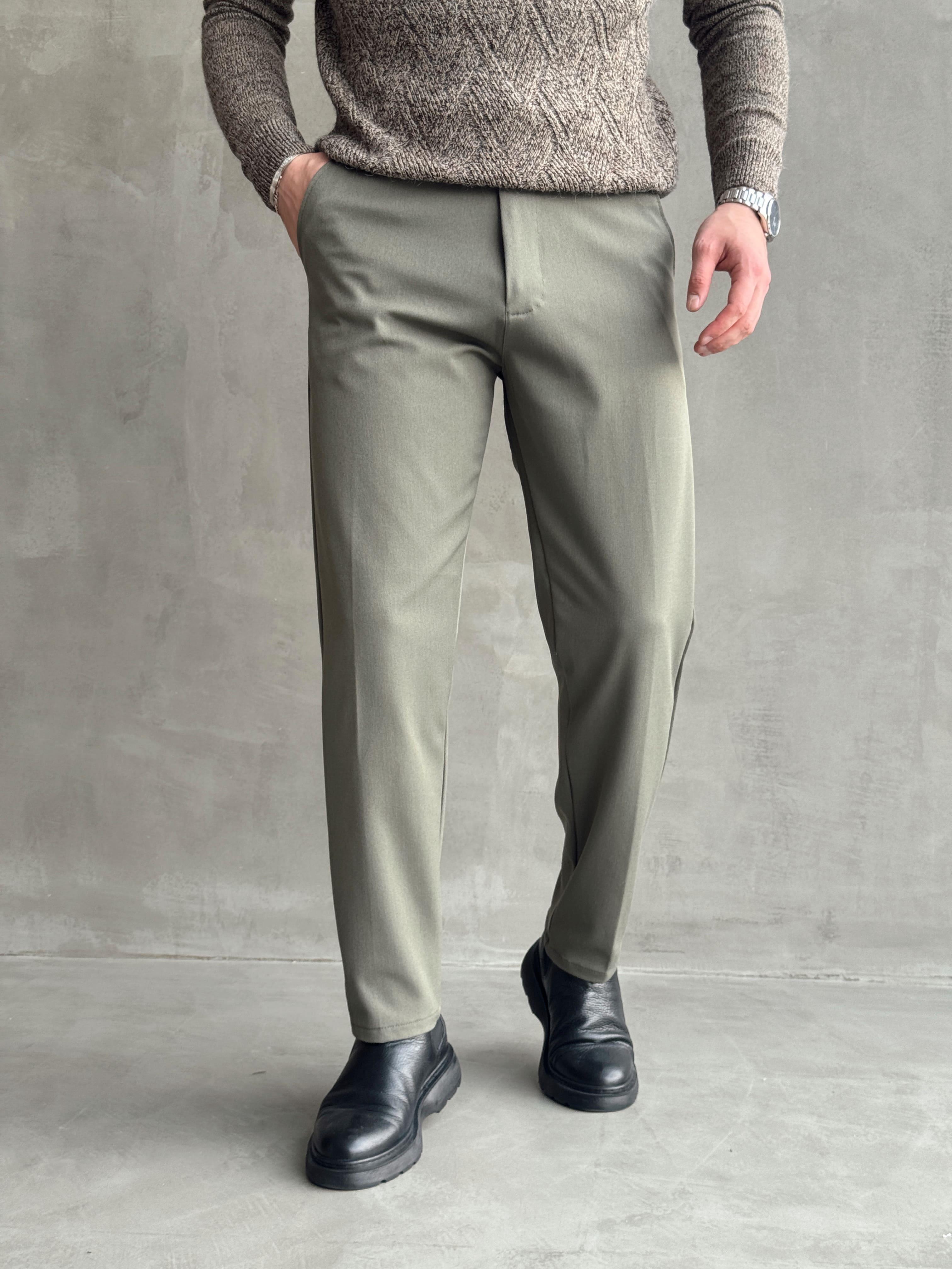 Erkek Premium Yüksek Kalite Beli Lastikli Düğme Ve Kopça Detaylı Regular Kalıp Kışlık Gabardin Kumaş Pantolon-Haki(E1521)Ketench