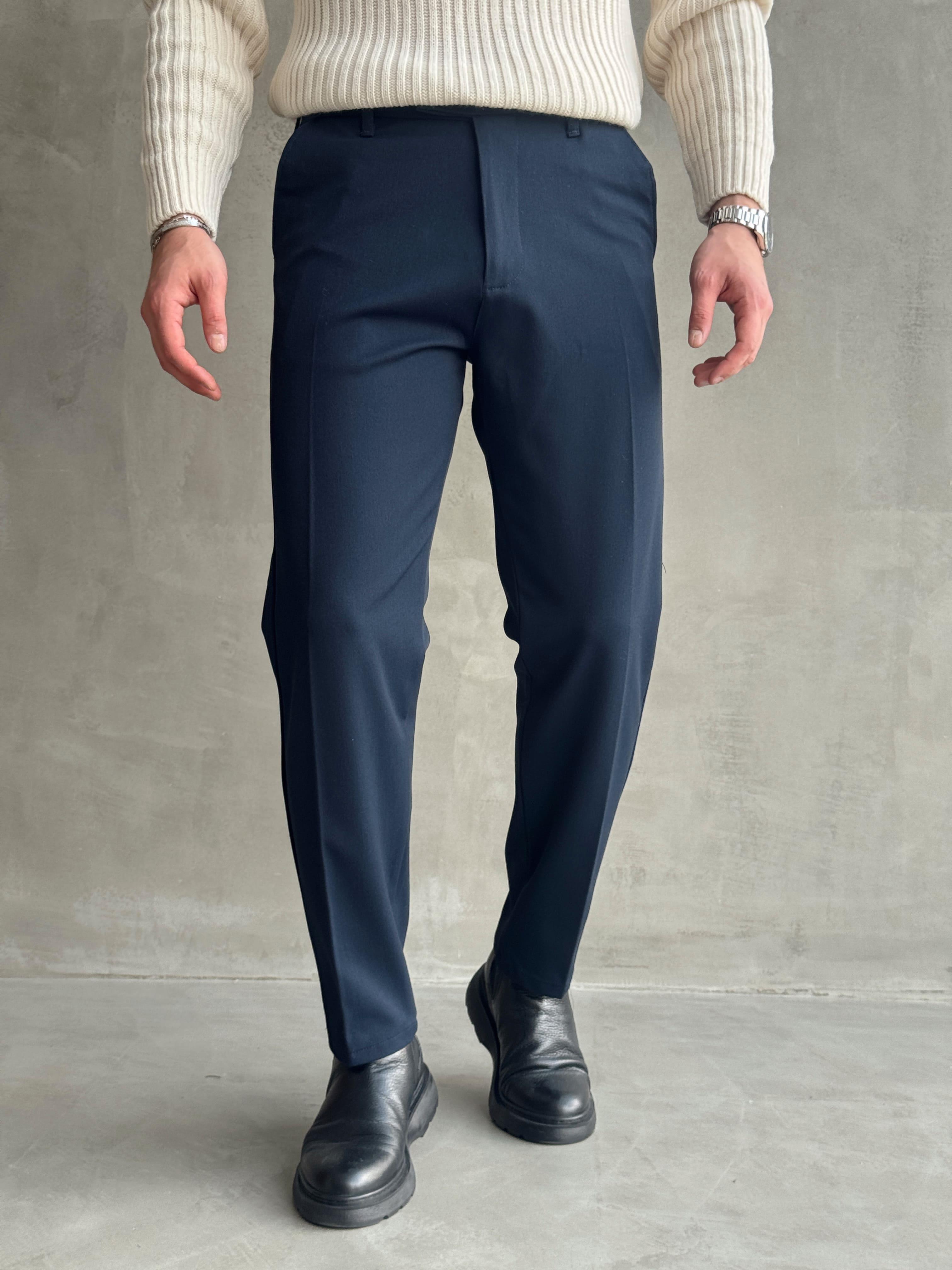 Erkek Premium Yüksek Kalite Beli Lastikli Düğme Ve Kopça Detaylı Regular Kalıp Kışlık Gabardin Kumaş Pantolon-Lacivert(E1521)