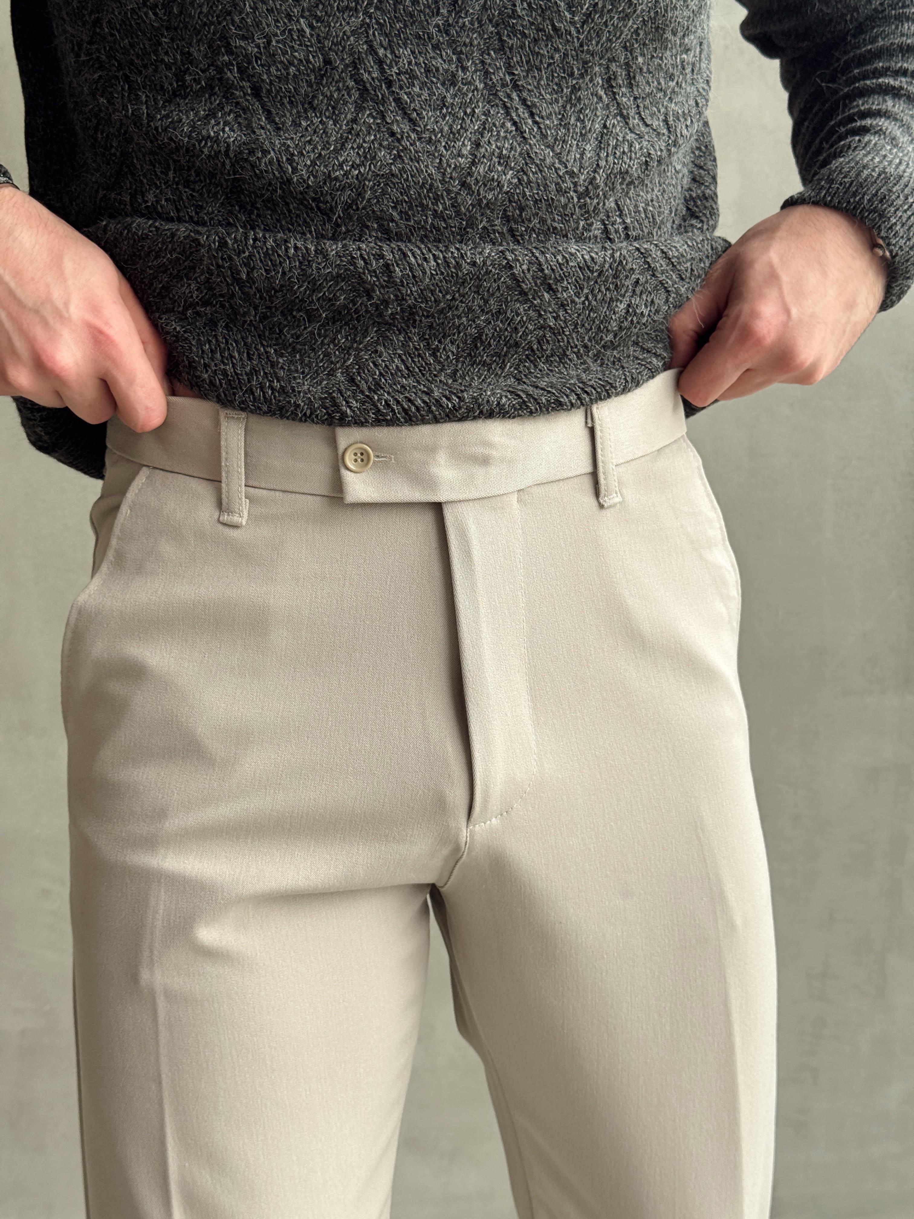 Erkek Premium Yüksek Kalite Beli Lastikli Düğme Ve Kopça Detaylı Regular Kalıp Kışlık Gabardin Kumaş Pantolon-Bej(E1521)