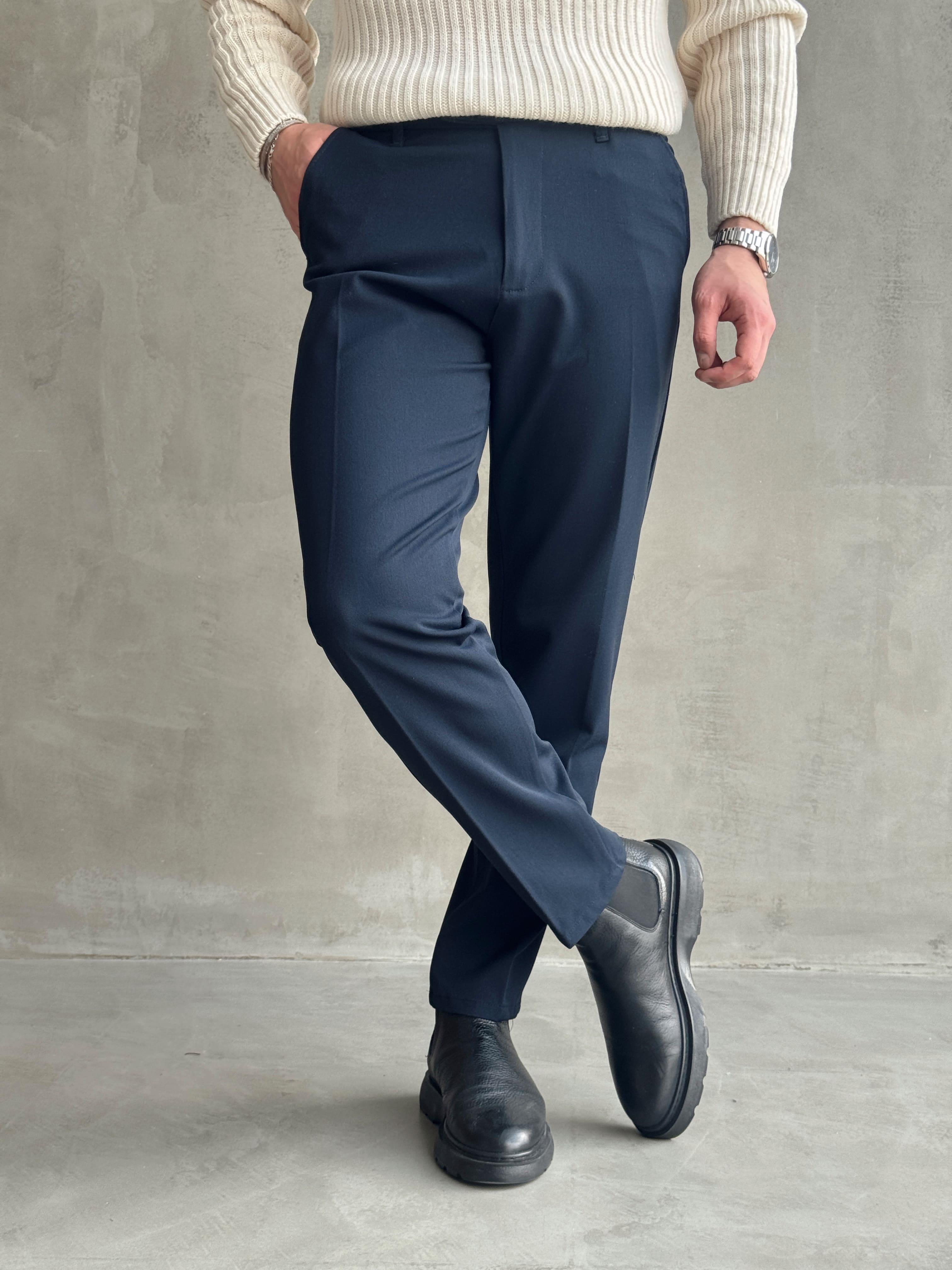 Erkek Premium Yüksek Kalite Beli Lastikli Düğme Ve Kopça Detaylı Regular Kalıp Kışlık Gabardin Kumaş Pantolon-Lacivert(E1521)