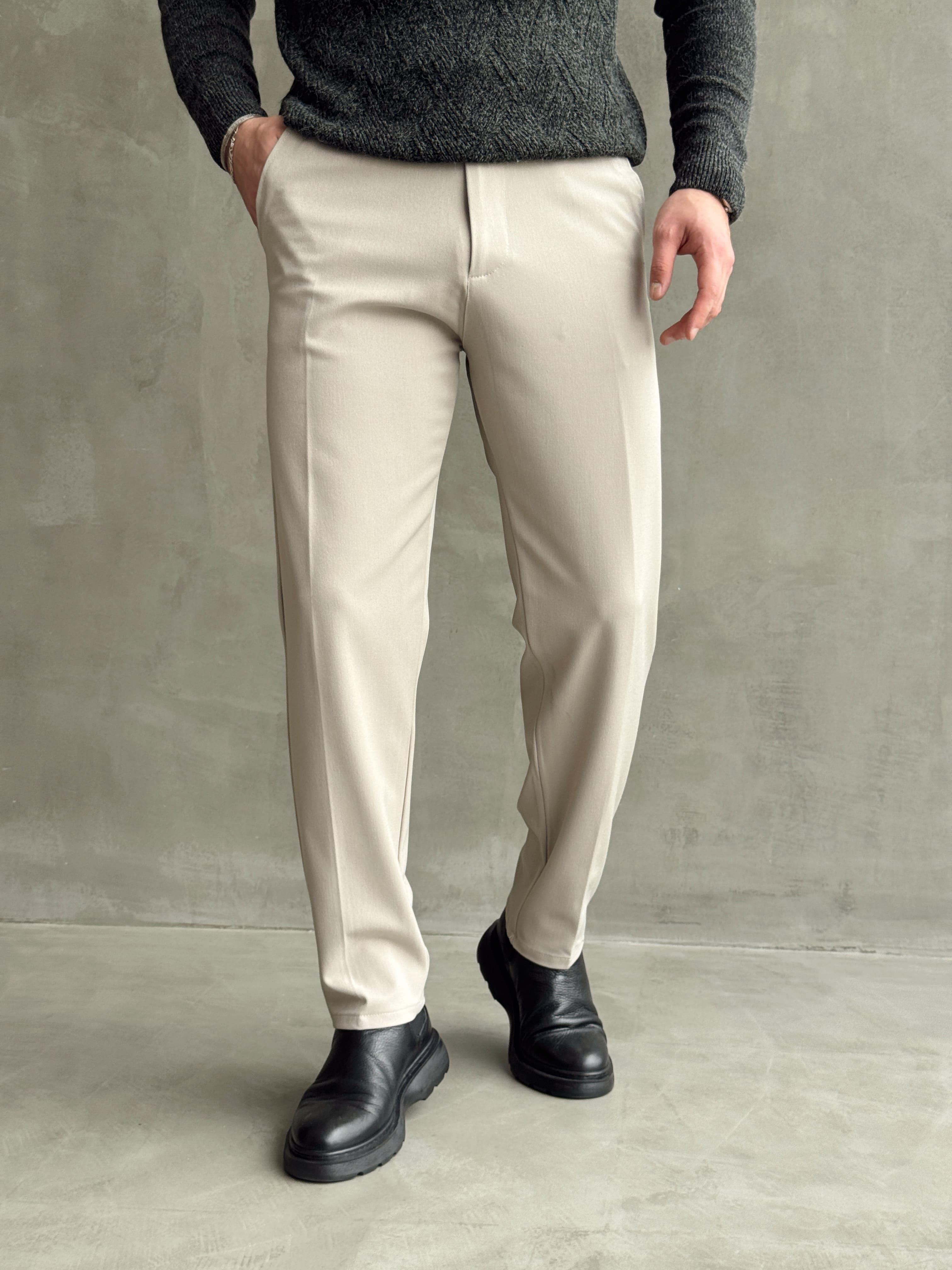 Erkek Premium Yüksek Kalite Beli Lastikli Düğme Ve Kopça Detaylı Regular Kalıp Kışlık Gabardin Kumaş Pantolon-Bej(E1521)Ketench