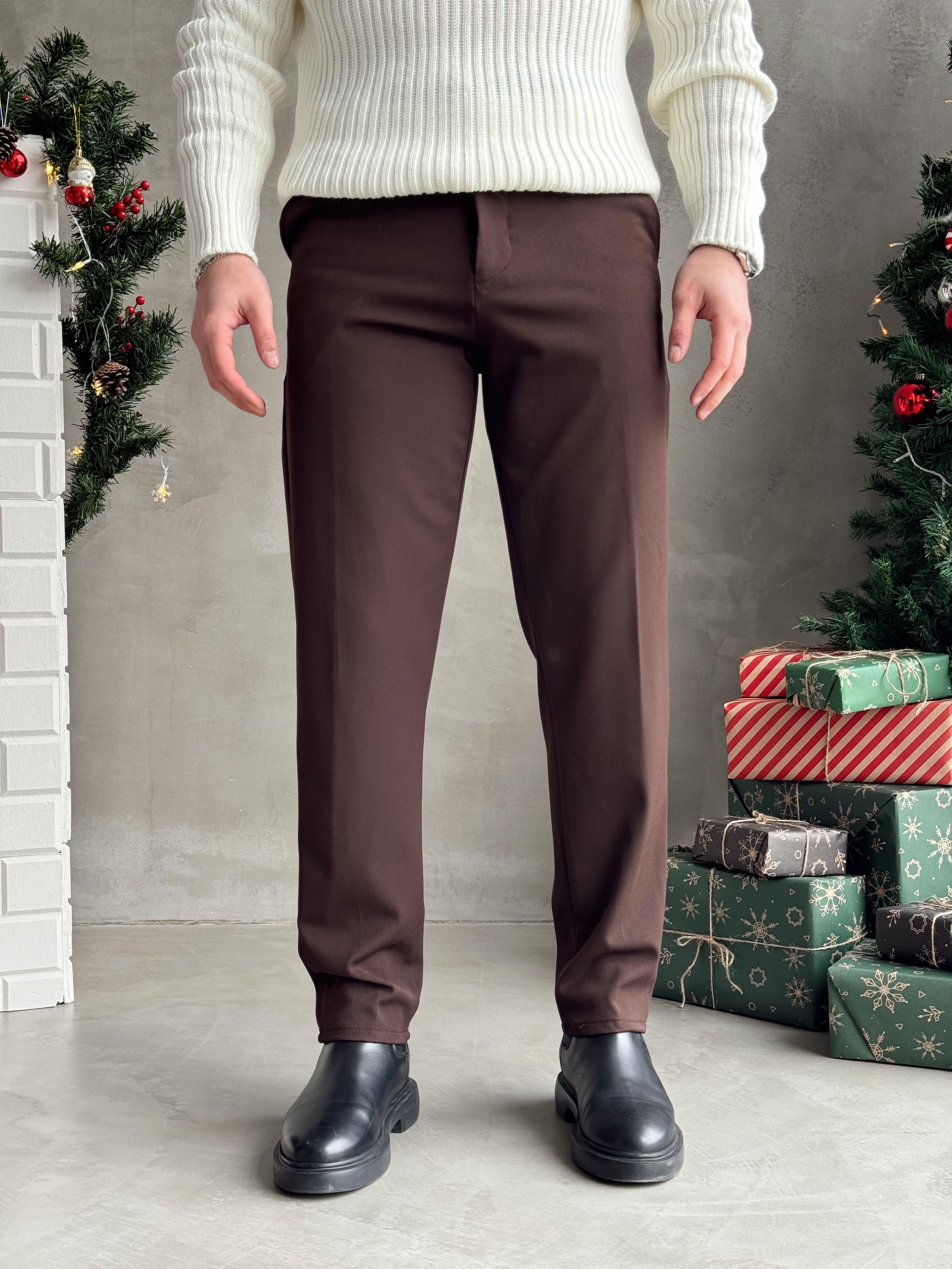 Erkek Premium Yüksek Kalite Beli Lastikli Düğme Ve Kopça Detaylı Regular Kalıp Kışlık Gabardin Kumaş Pantolon-Kahverengi(E1521)