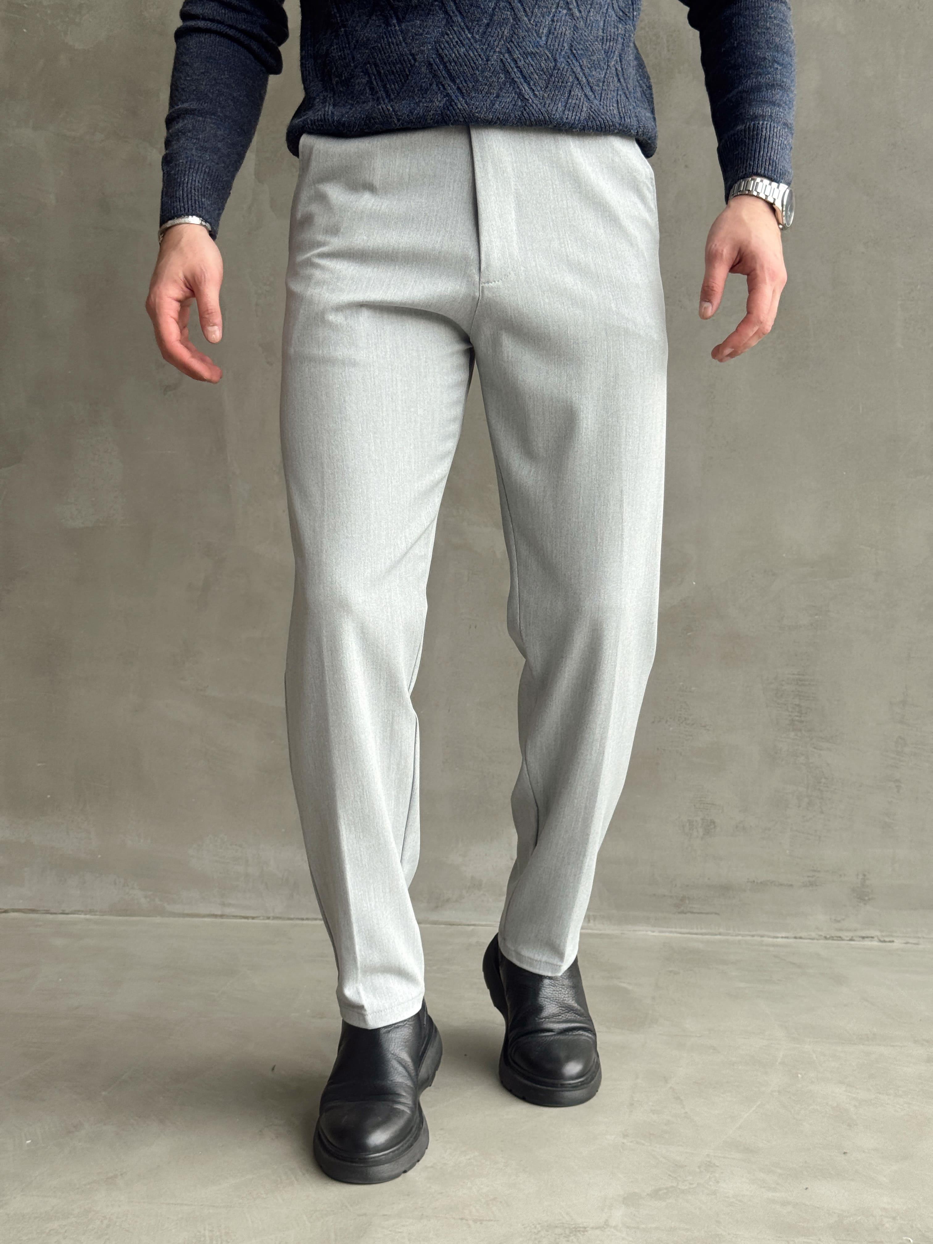 Erkek Premium Yüksek Kalite Beli Lastikli Düğme Ve Kopça Detaylı Regular Kalıp Kışlık Gabardin Kumaş Pantolon-Gri(E1521)