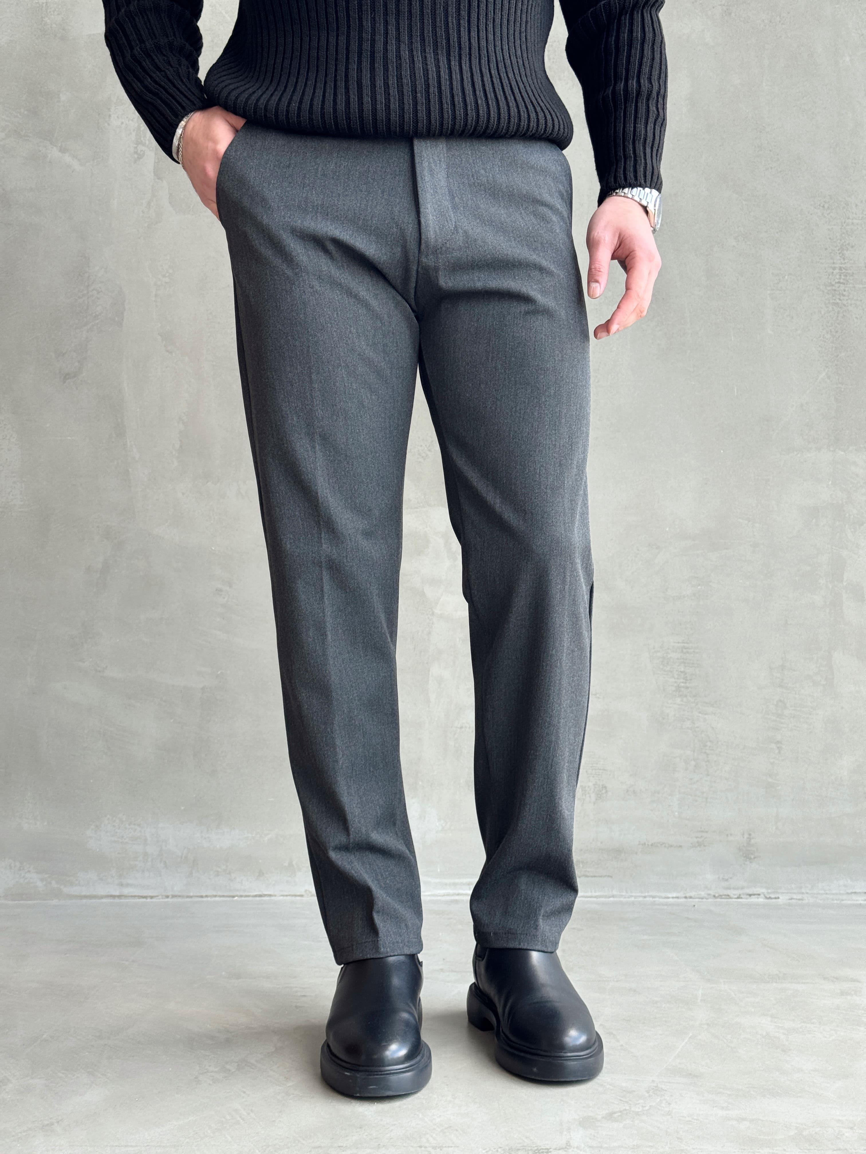 Erkek Premium Yüksek Kalite Beli Lastikli Düğme Ve Kopça Detaylı Regular Kalıp Kışlık Gabardin Kumaş Pantolon-Füme(E1521)