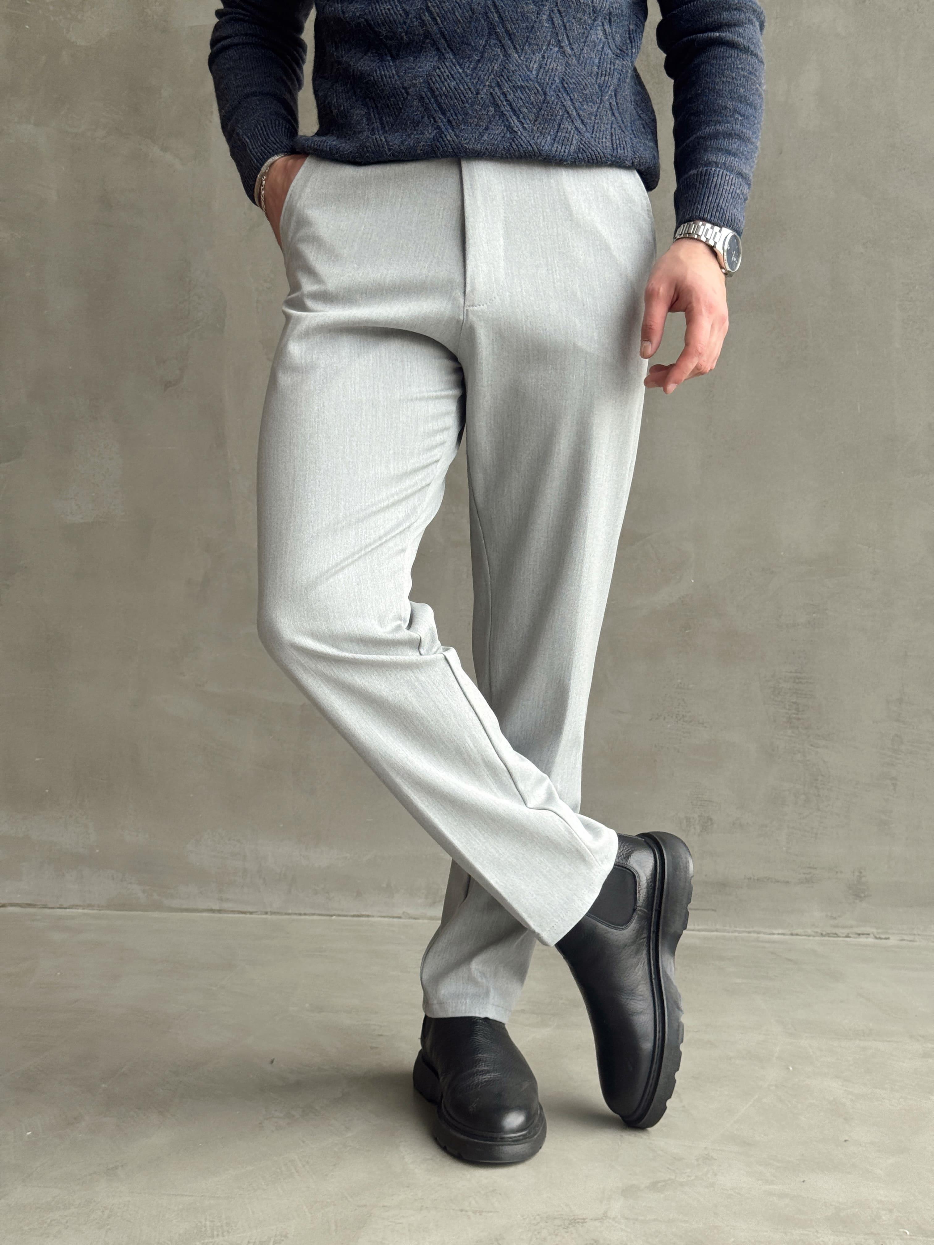 Erkek Premium Yüksek Kalite Beli Lastikli Düğme Ve Kopça Detaylı Regular Kalıp Kışlık Gabardin Kumaş Pantolon-Gri(E1521)