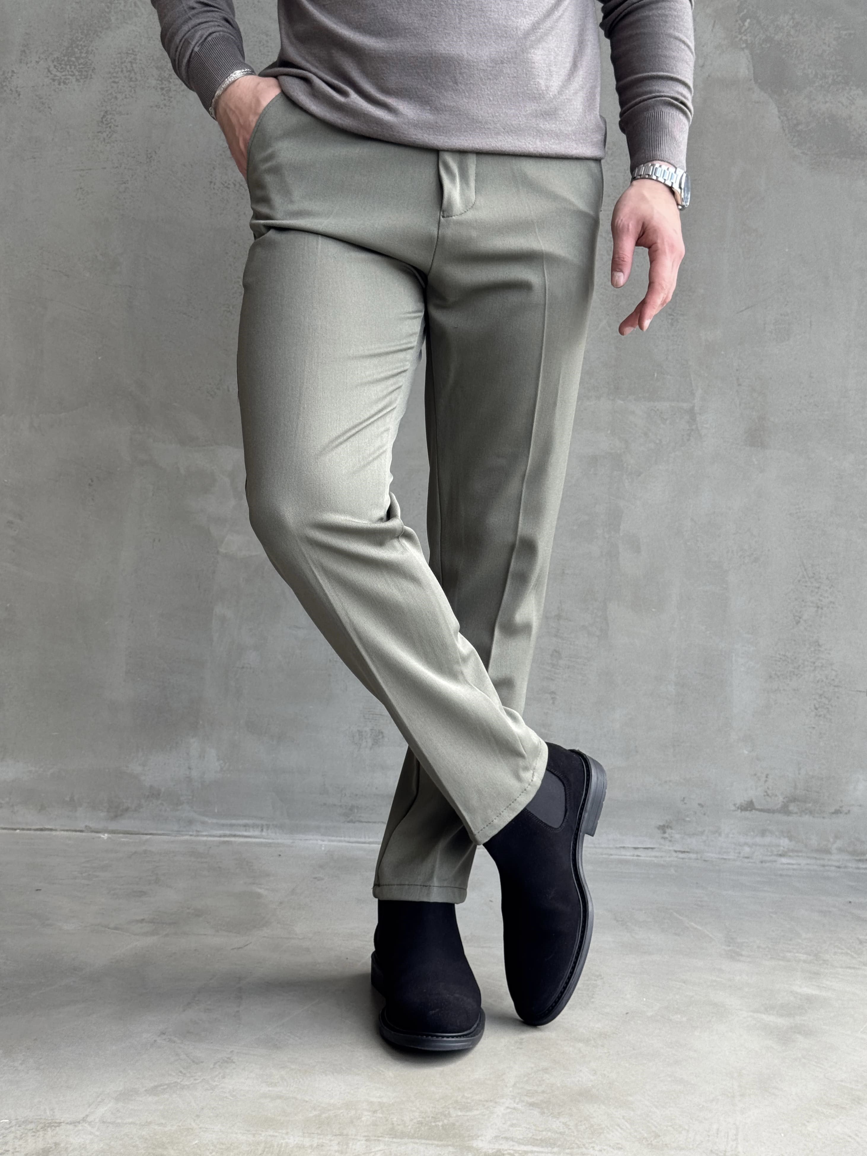 Erkek Premium Yüksek Kalite Beli Lastikli Düğme Ve Kopça Detaylı Regular Kalıp Kışlık Gabardin Kumaş Pantolon-Haki(E1521)