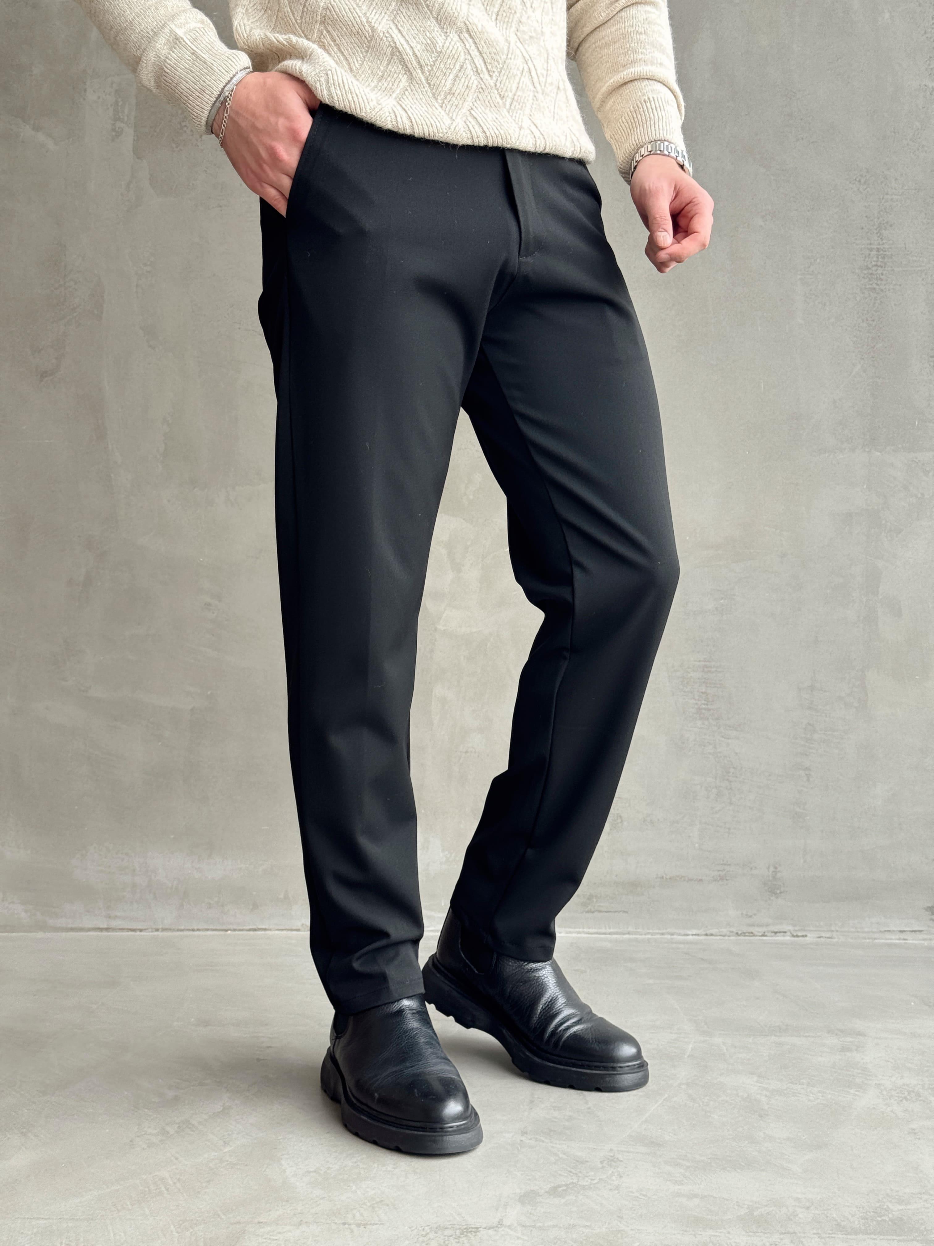 Erkek Premium Yüksek Kalite Beli Lastikli Düğme Ve Kopça Detaylı Regular Kalıp Kışlık Gabardin Kumaş Pantolon-Siyah(E1521)