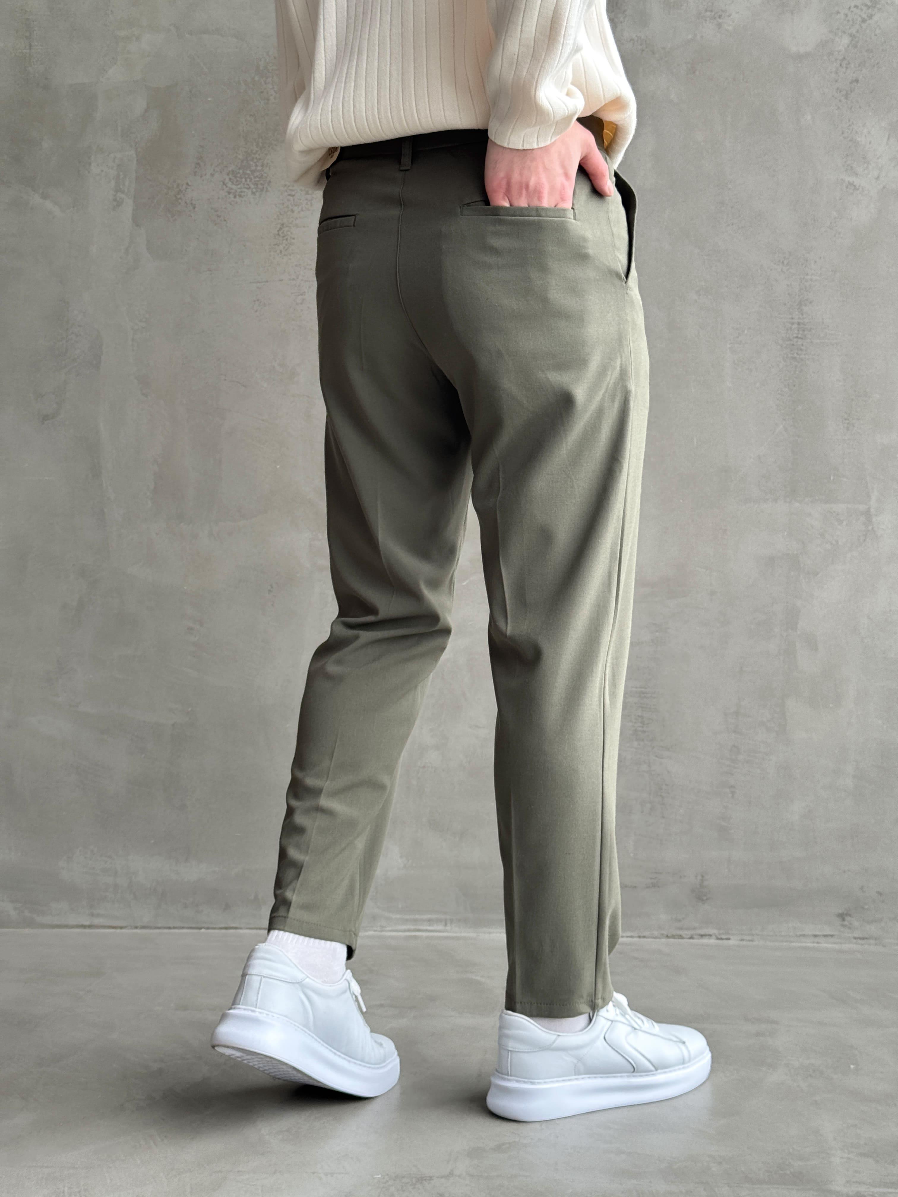 Erkek Premium Yüksek Kalite Beli Lastikli Düğme Ve Kopça Detaylı Regular Kalıp Yazlık Gabardin Kumaş Pantolon-Haki(E1595)