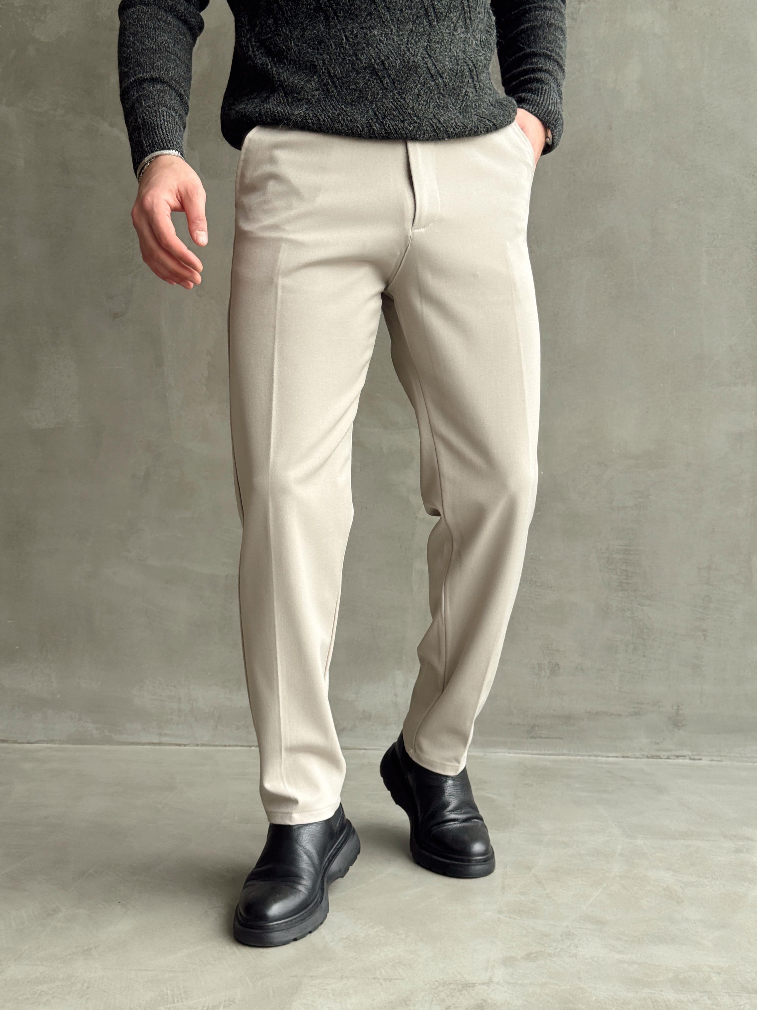 Erkek Premium Yüksek Kalite Beli Lastikli Düğme Ve Kopça Detaylı Regular Kalıp Kışlık Gabardin Kumaş Pantolon-Bej(E1521)
