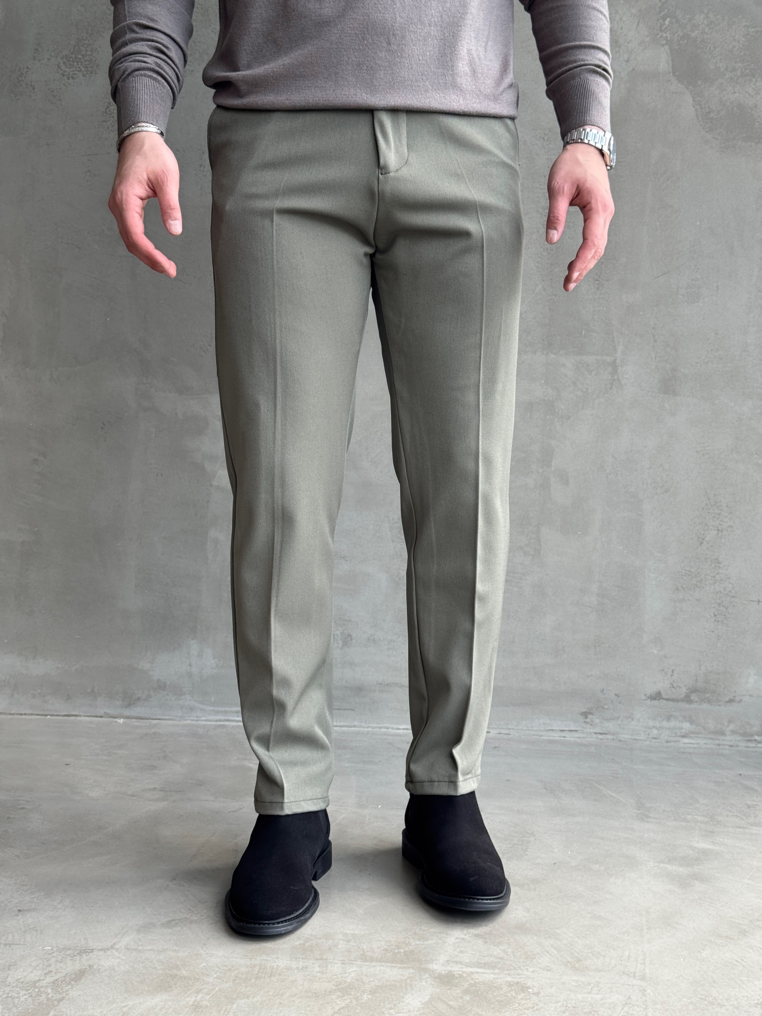 Erkek Premium Yüksek Kalite Beli Lastikli Düğme Ve Kopça Detaylı Regular Kalıp Kışlık Gabardin Kumaş Pantolon-Haki(E1521)