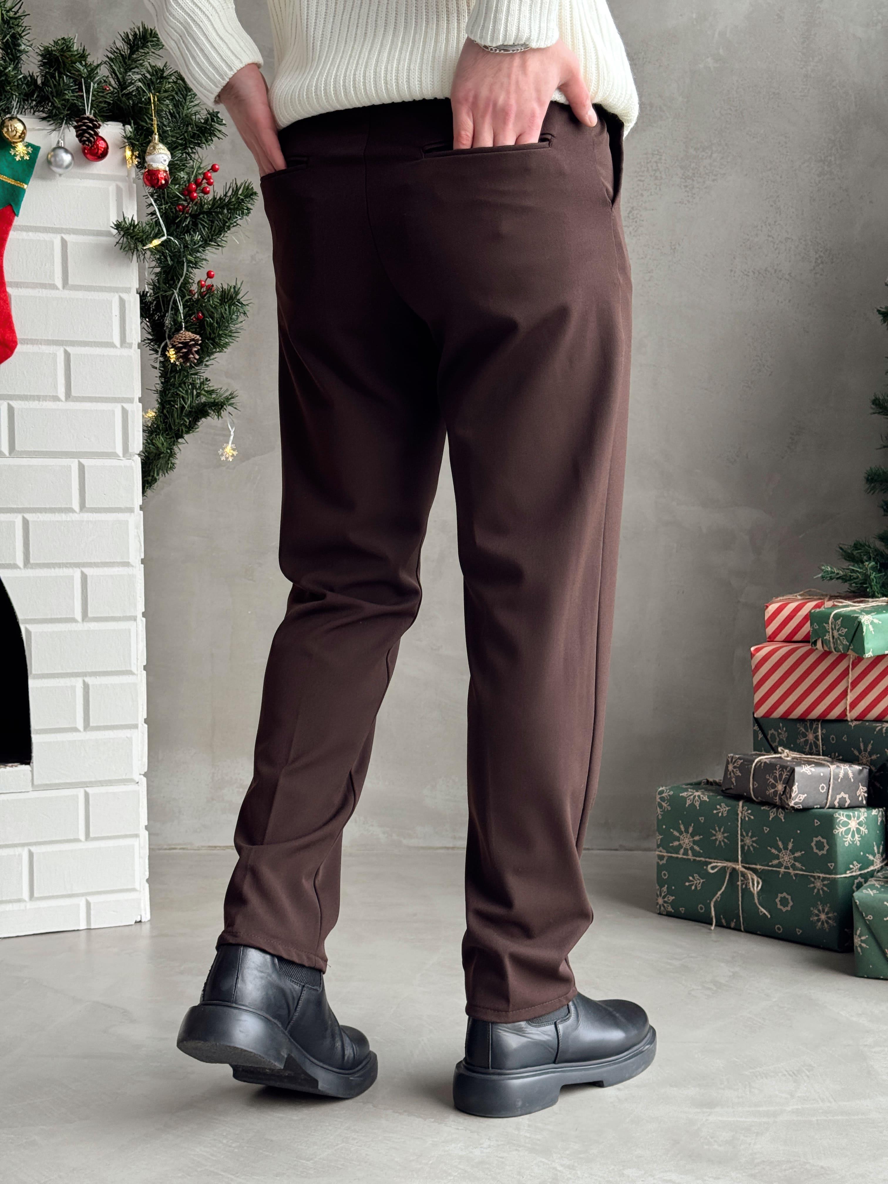 Erkek Premium Yüksek Kalite Beli Lastikli Düğme Ve Kopça Detaylı Regular Kalıp Kışlık Gabardin Kumaş Pantolon-Kahverengi(E1521)