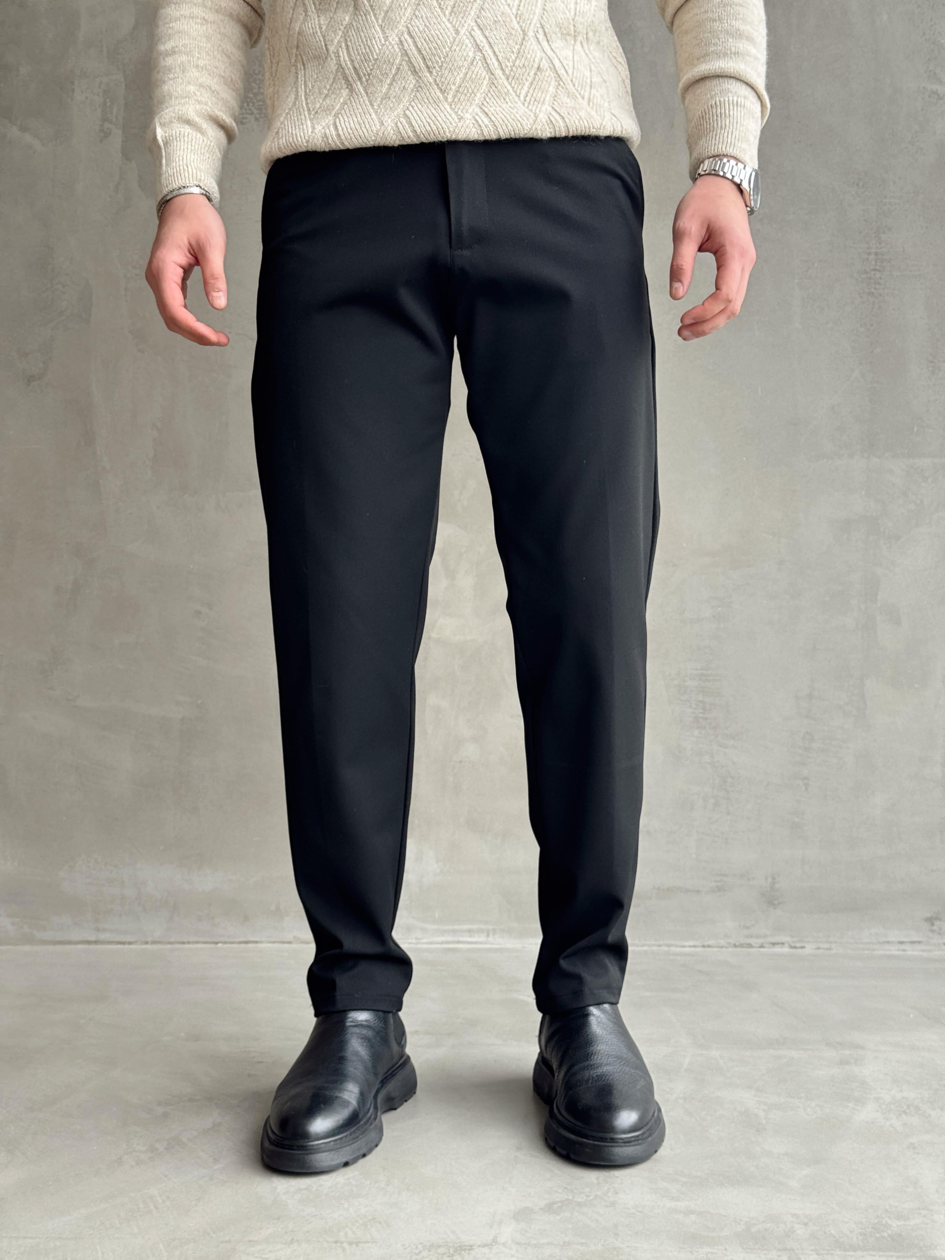Erkek Premium Yüksek Kalite Beli Lastikli Düğme Ve Kopça Detaylı Regular Kalıp Kışlık Gabardin Kumaş Pantolon-Siyah(E1521)