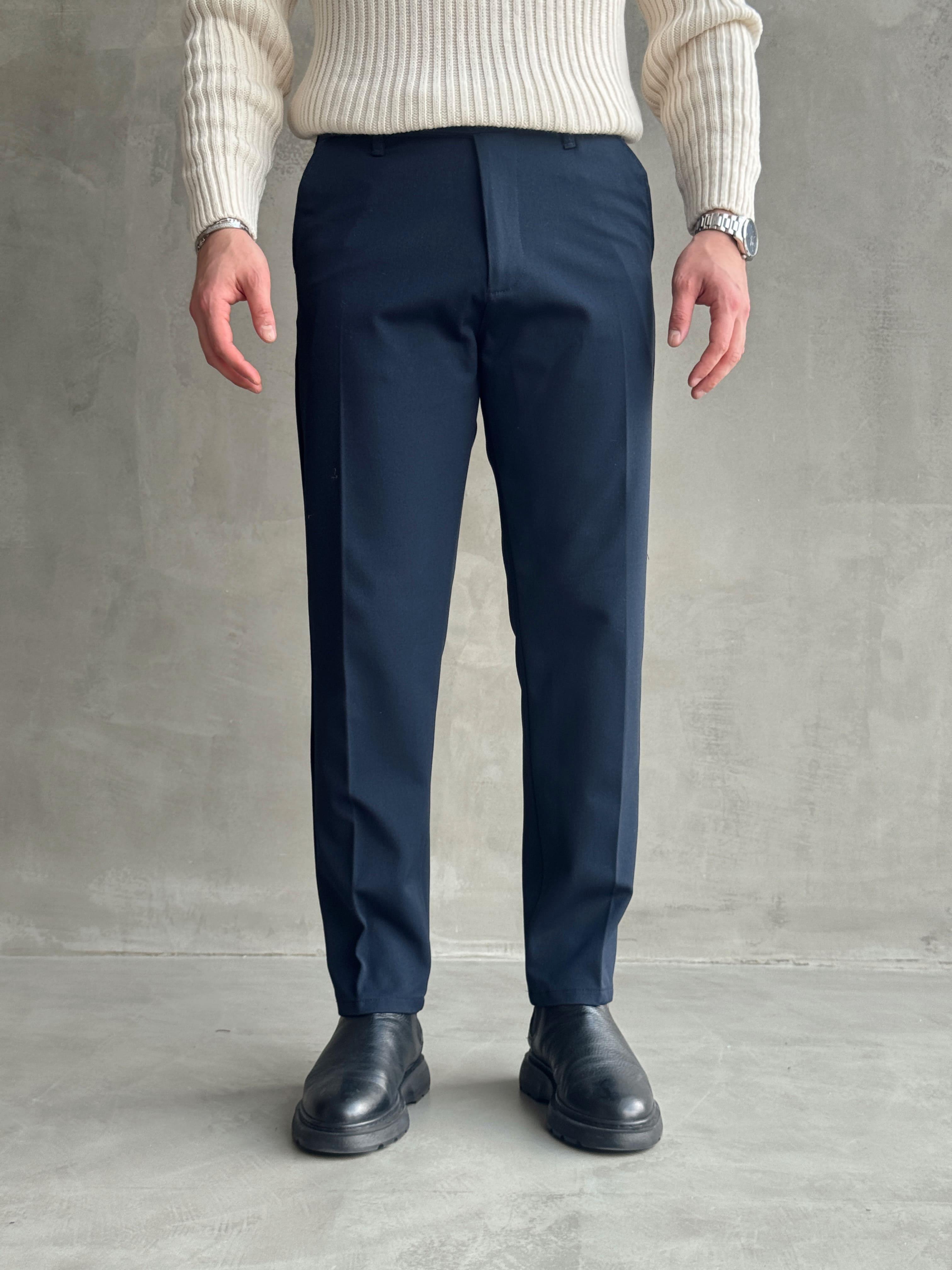 Erkek Premium Yüksek Kalite Beli Lastikli Düğme Ve Kopça Detaylı Regular Kalıp Kışlık Gabardin Kumaş Pantolon-Lacivert(E1521)