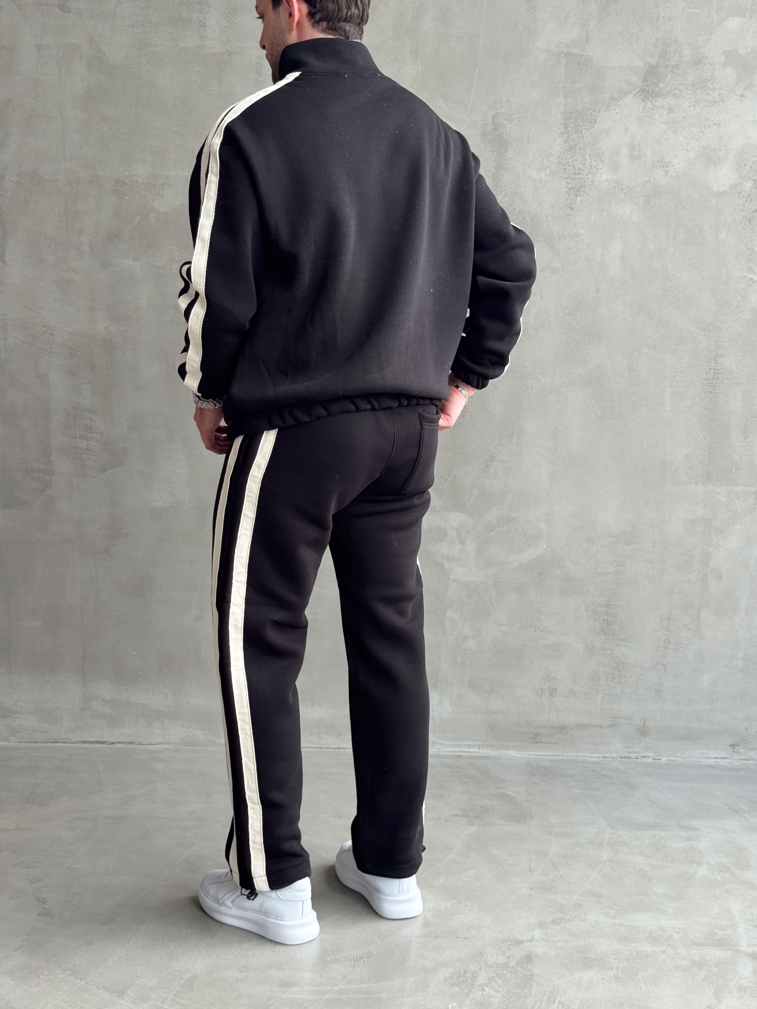 Erkek Premium Yüksek Kalite Oversize Kalıp Şardonlu Lastik Ribana 3 İplik Hasır Şerit Detaylı Sweat Eşofman Takım-Siyah(E1476)