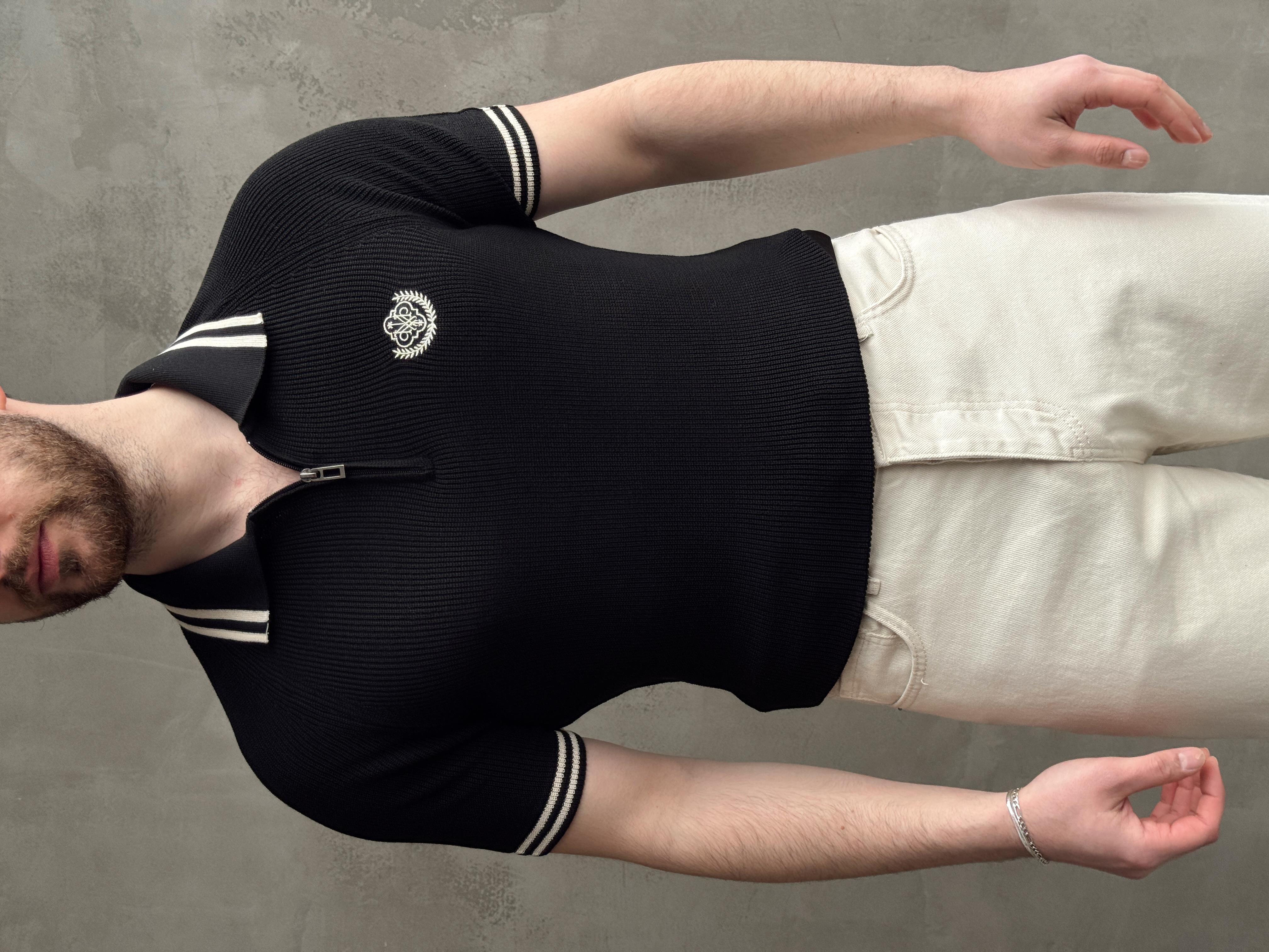 Erkek Premium Yüksek Kalite Regular Kalıp Fermuar Detaylı Nakışlı Triko T-Shirt-Siyah(E1669)
