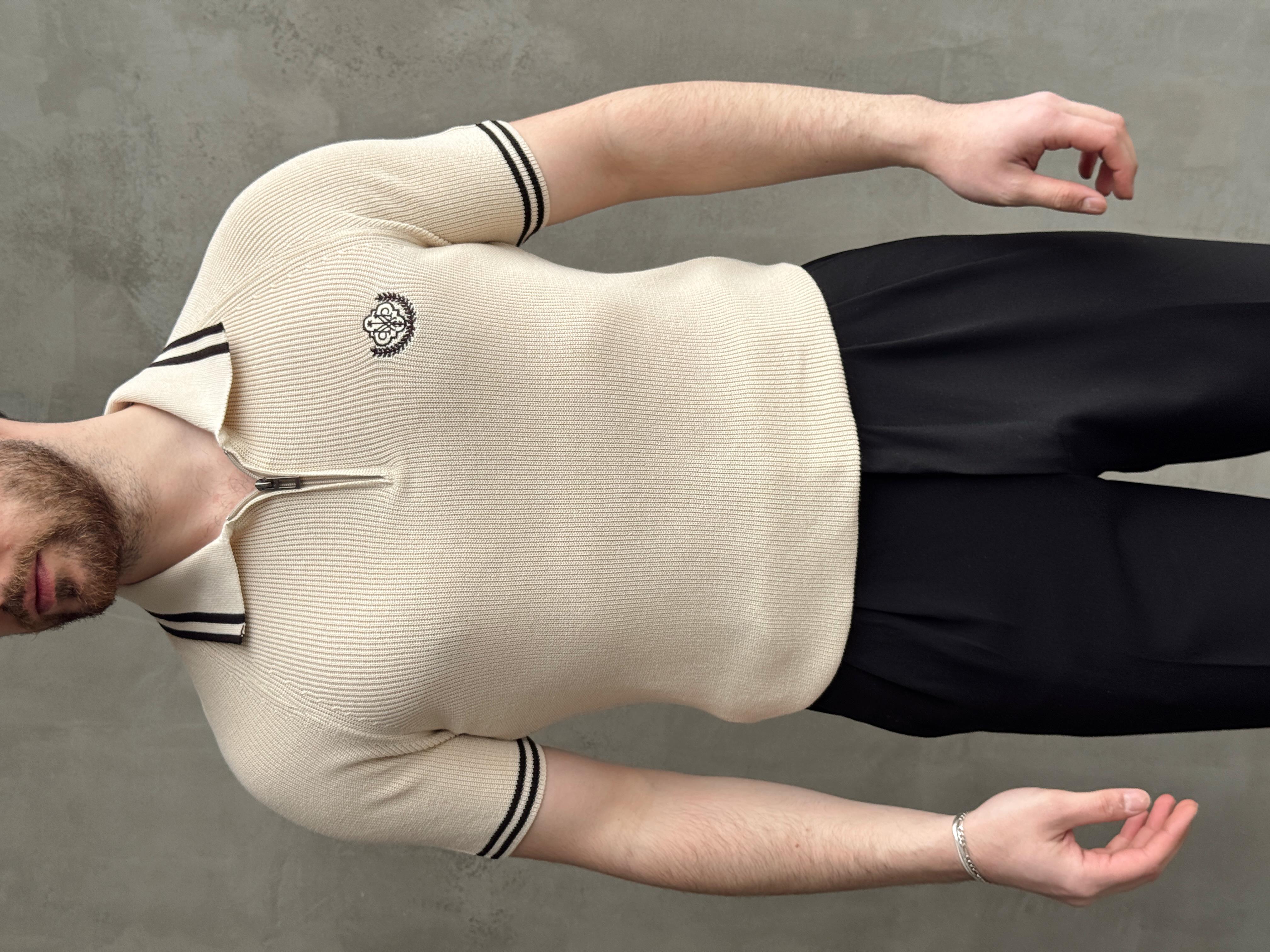 Erkek Premium Yüksek Kalite Regular Kalıp Fermuar Detaylı Nakışlı Triko T-Shirt-Bej(E1669)