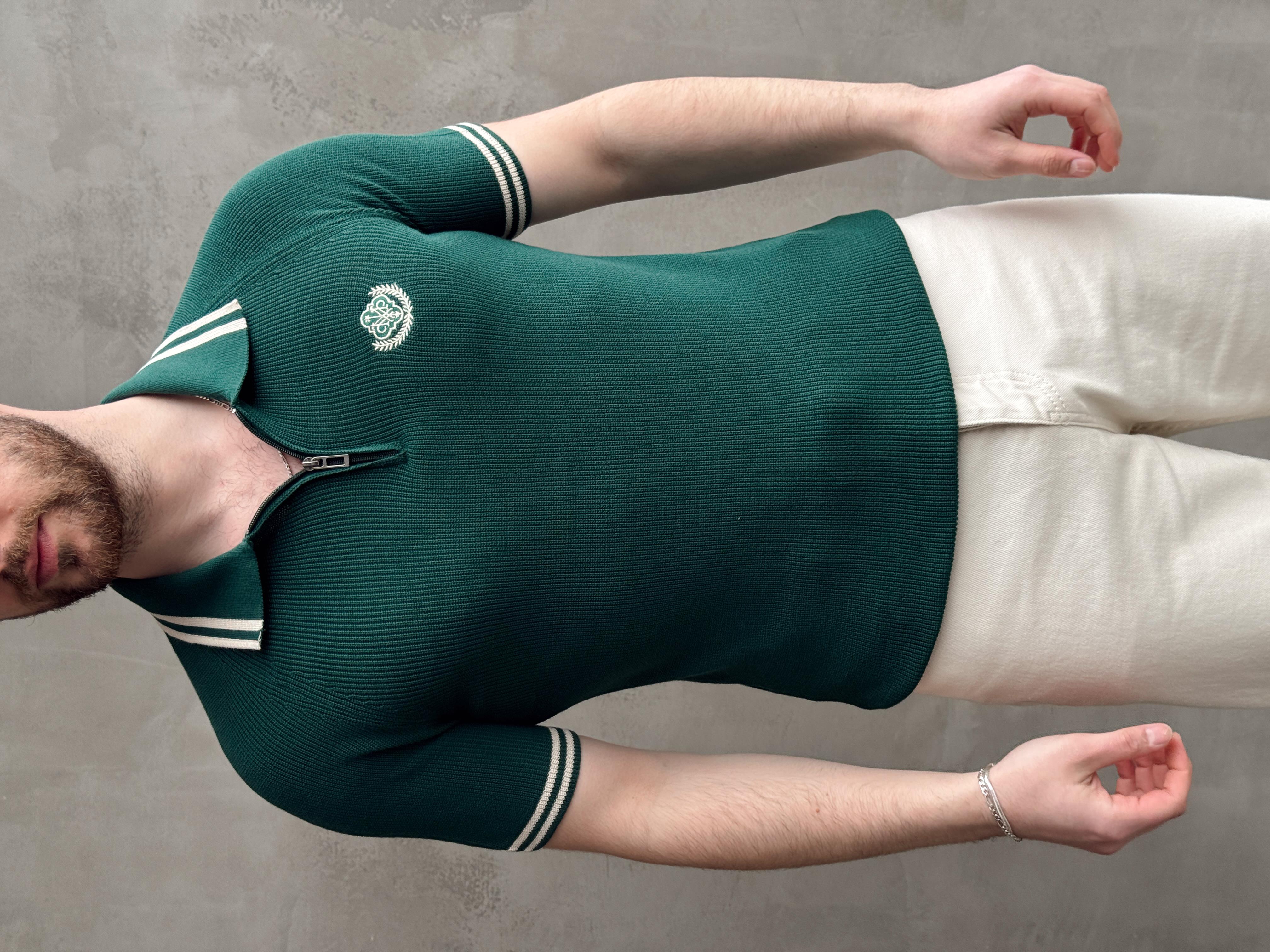 Erkek Premium Yüksek Kalite Regular Kalıp Fermuar Detaylı Nakışlı Triko T-Shirt-Petrol(E1669)