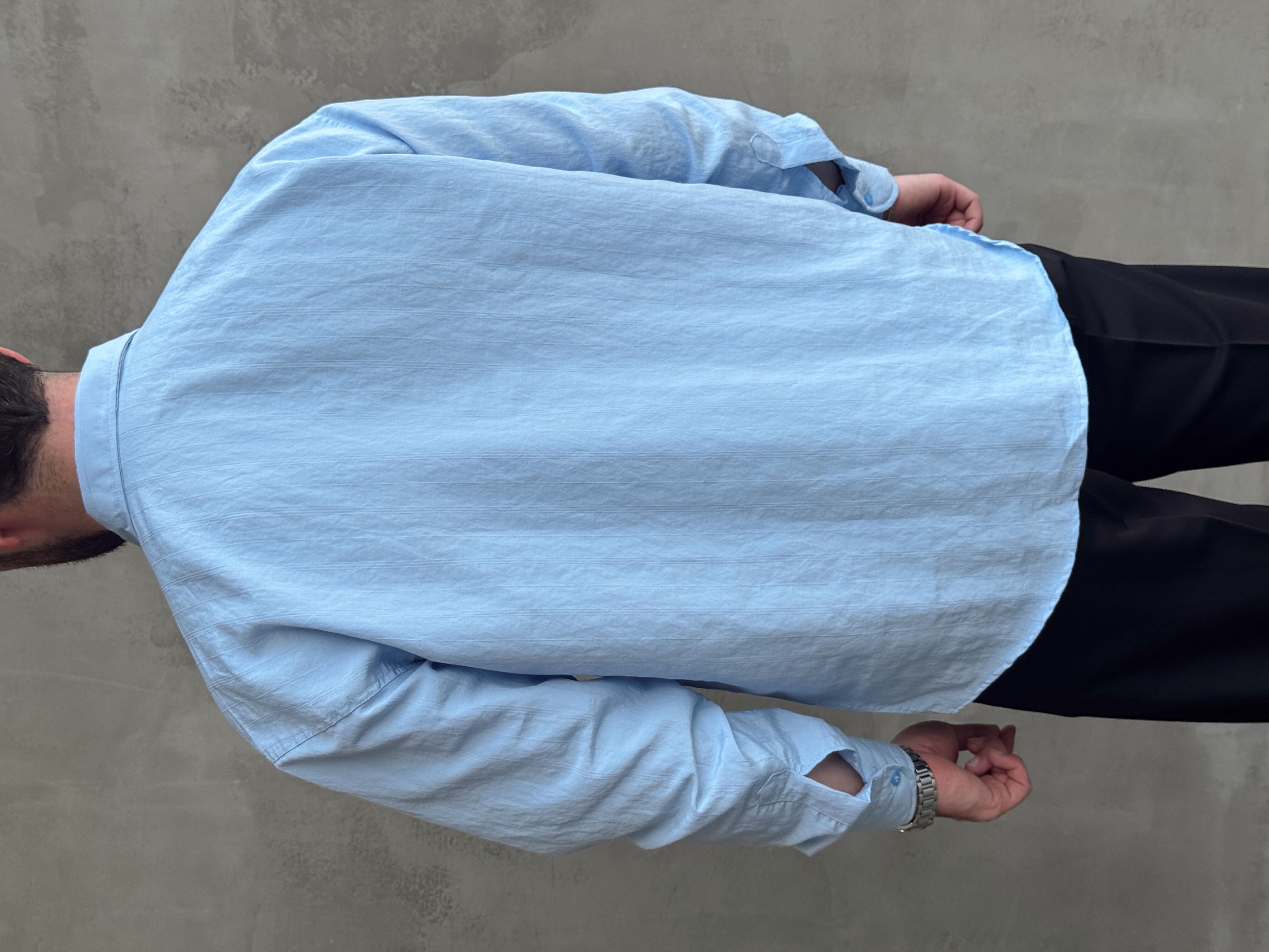 Erkek Trend Model Oversize Kalıp Kendiliğinden Çizgi Detaylı Gömlek-Bebe Mavi(E1786)