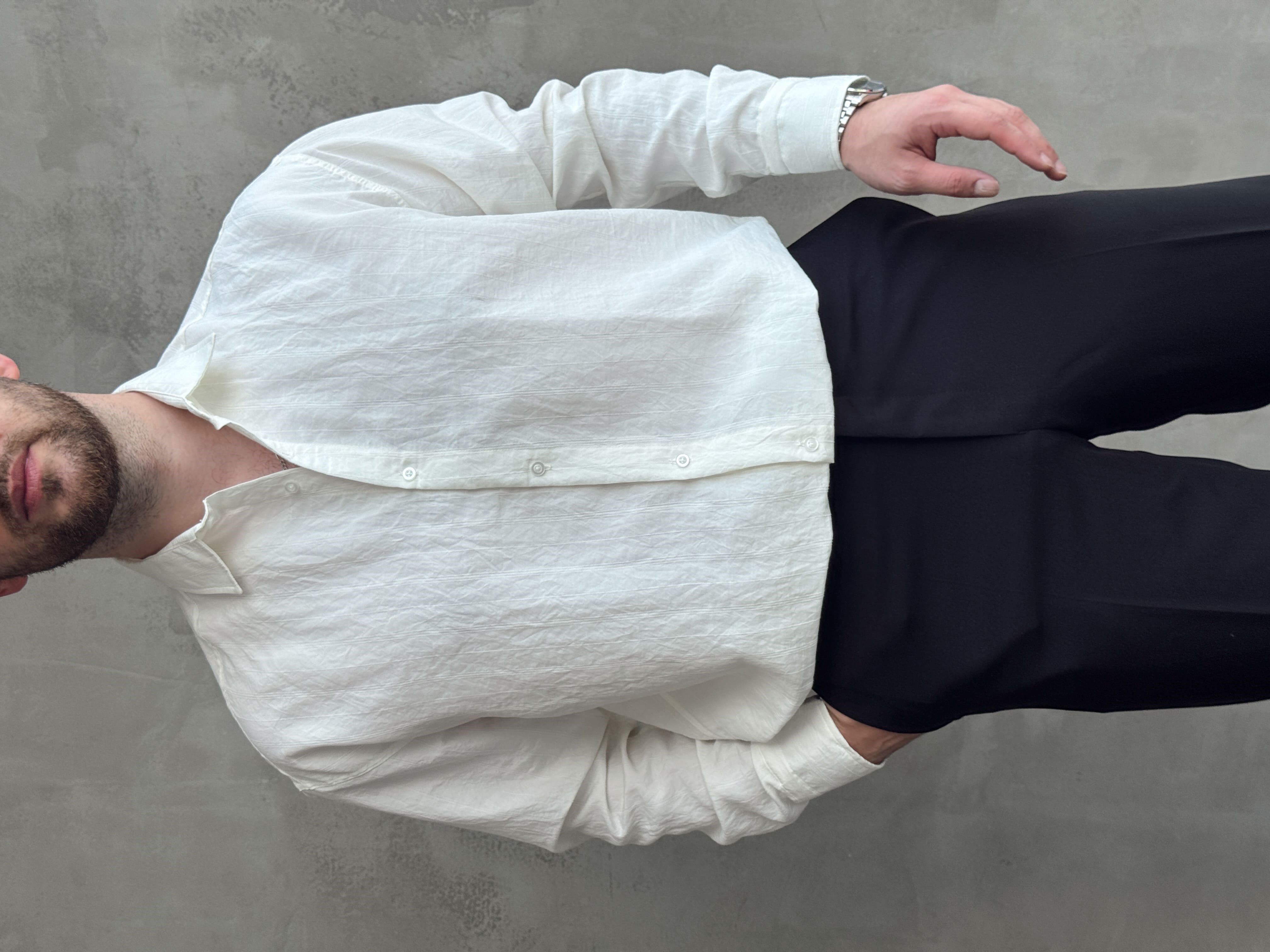 Erkek Trend Model Oversize Kalıp Kendiliğinden Çizgi Detaylı Gömlek-Beyaz(E1786)