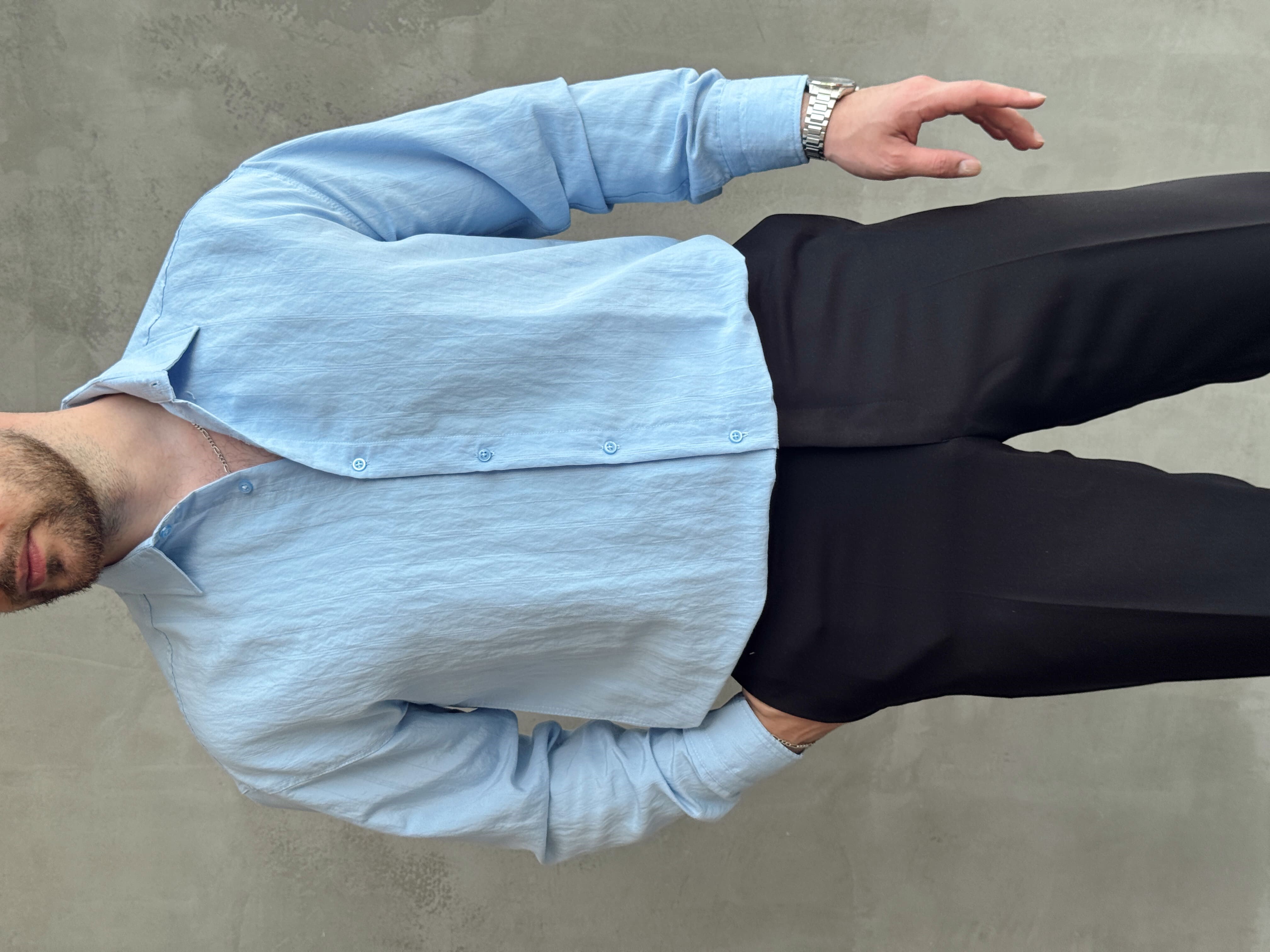 Erkek Trend Model Oversize Kalıp Kendiliğinden Çizgi Detaylı Gömlek-Bebe Mavi(E1786)
