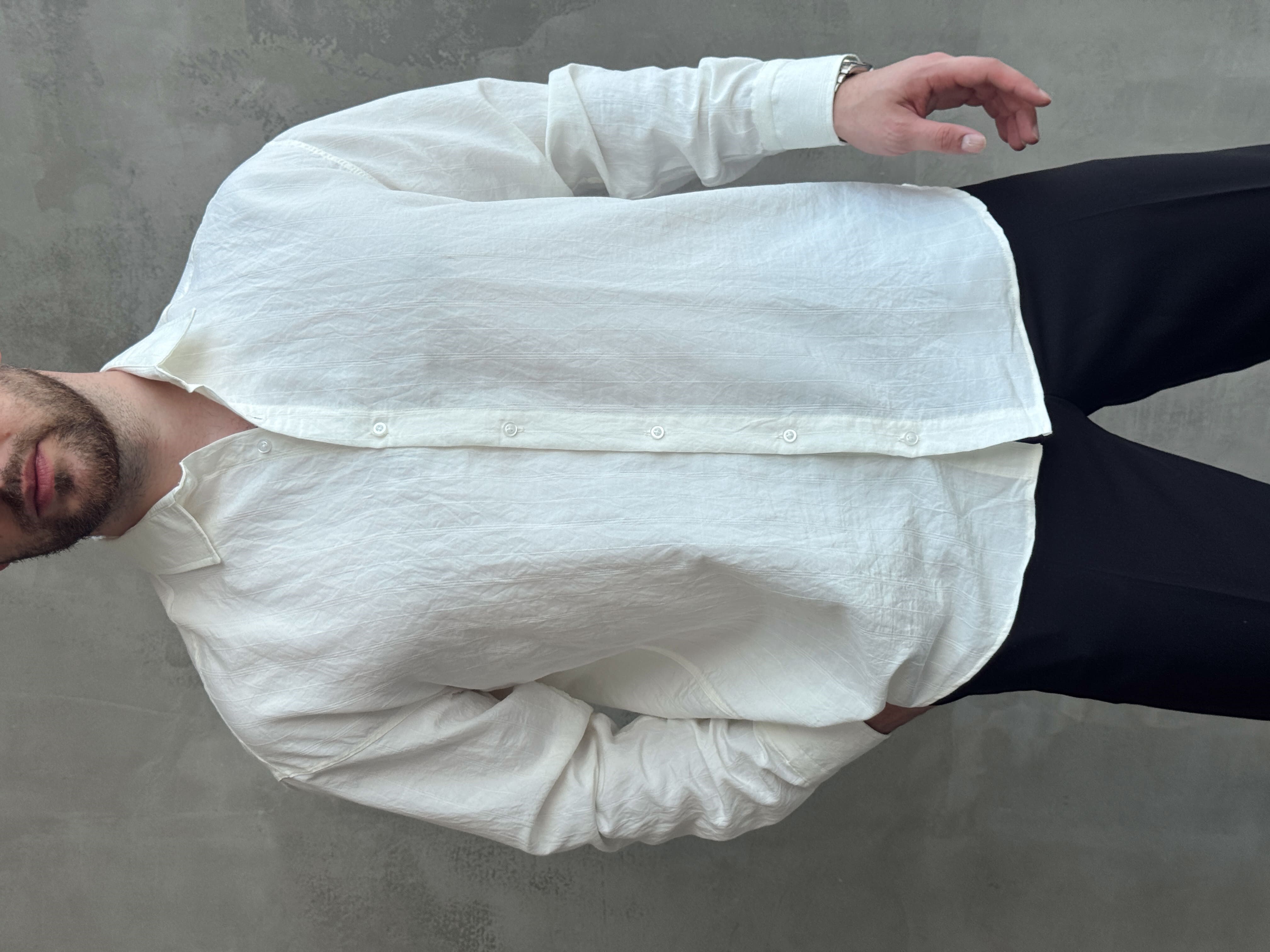 Erkek Trend Model Oversize Kalıp Kendiliğinden Çizgi Detaylı Gömlek-Beyaz(E1786)